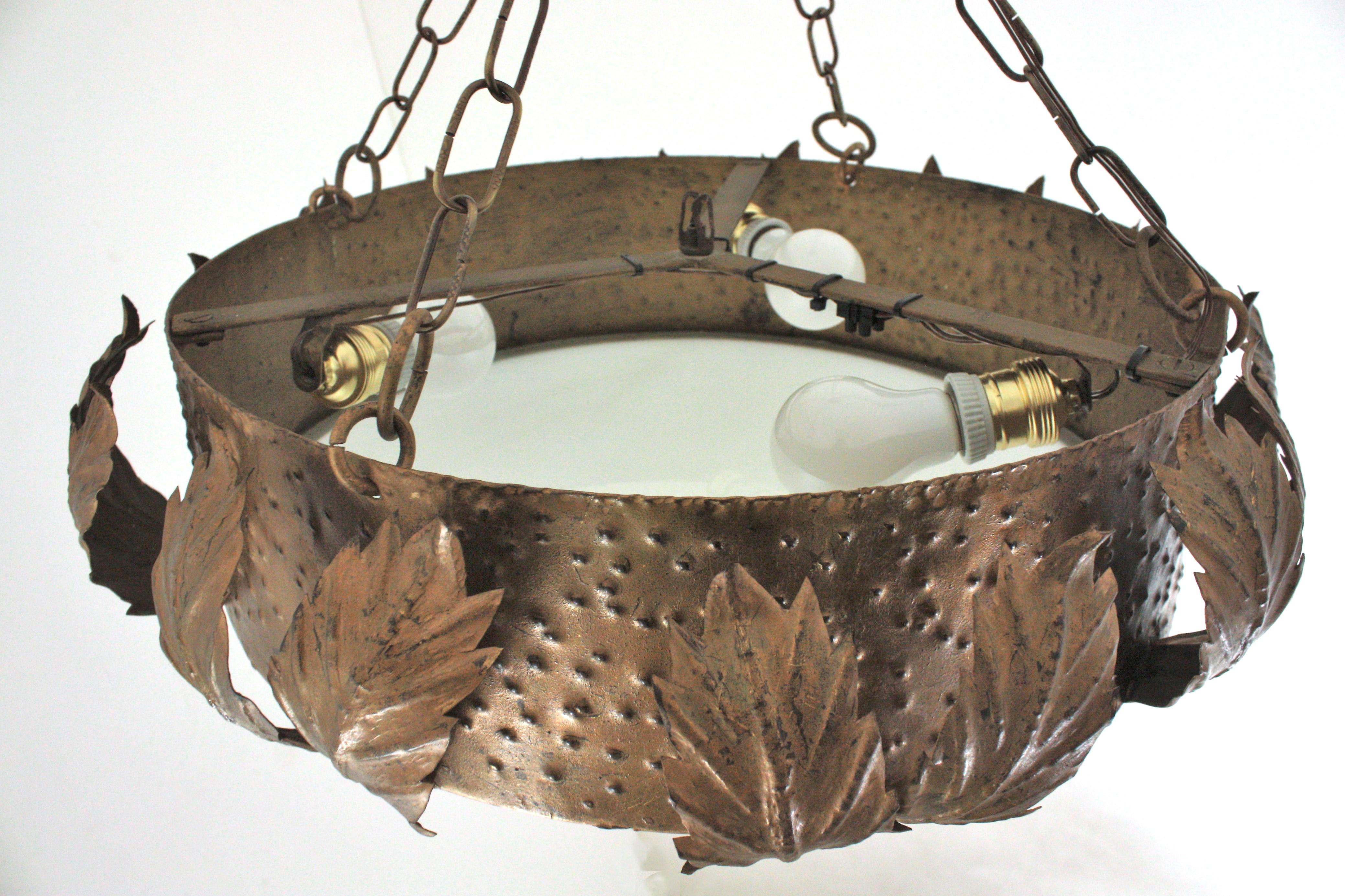 Large Sunburst Crown Chandelier Flush Mount with Leaves Detail, Gilt Metal For Sale 12