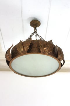 Large Sunburst Crown Chandelier Flush Mount with Leaves Detail, Gilt Metal