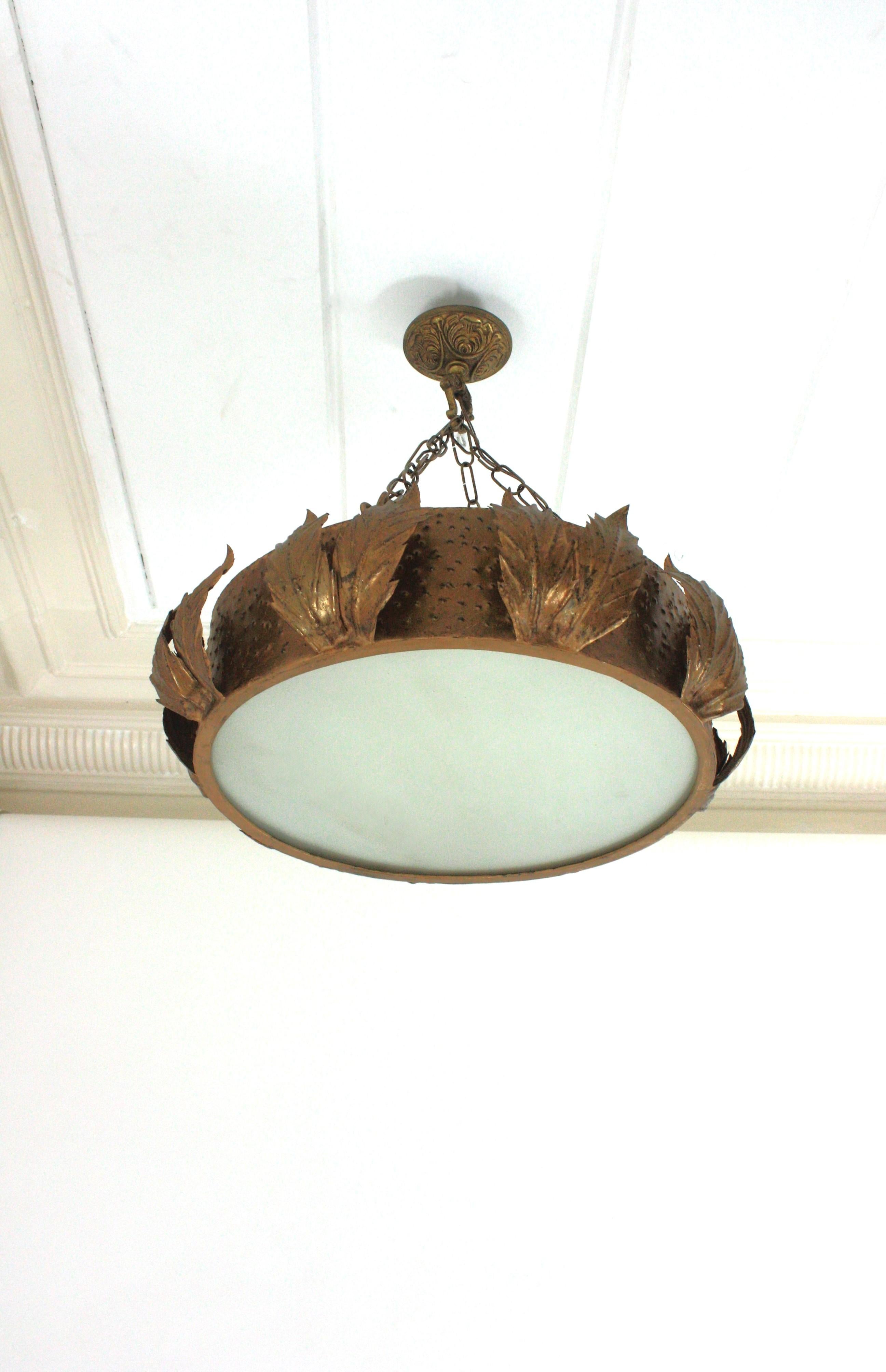 Large Sunburst Crown Chandelier Flush Mount with Leaves Detail, Gilt Metal For Sale 13