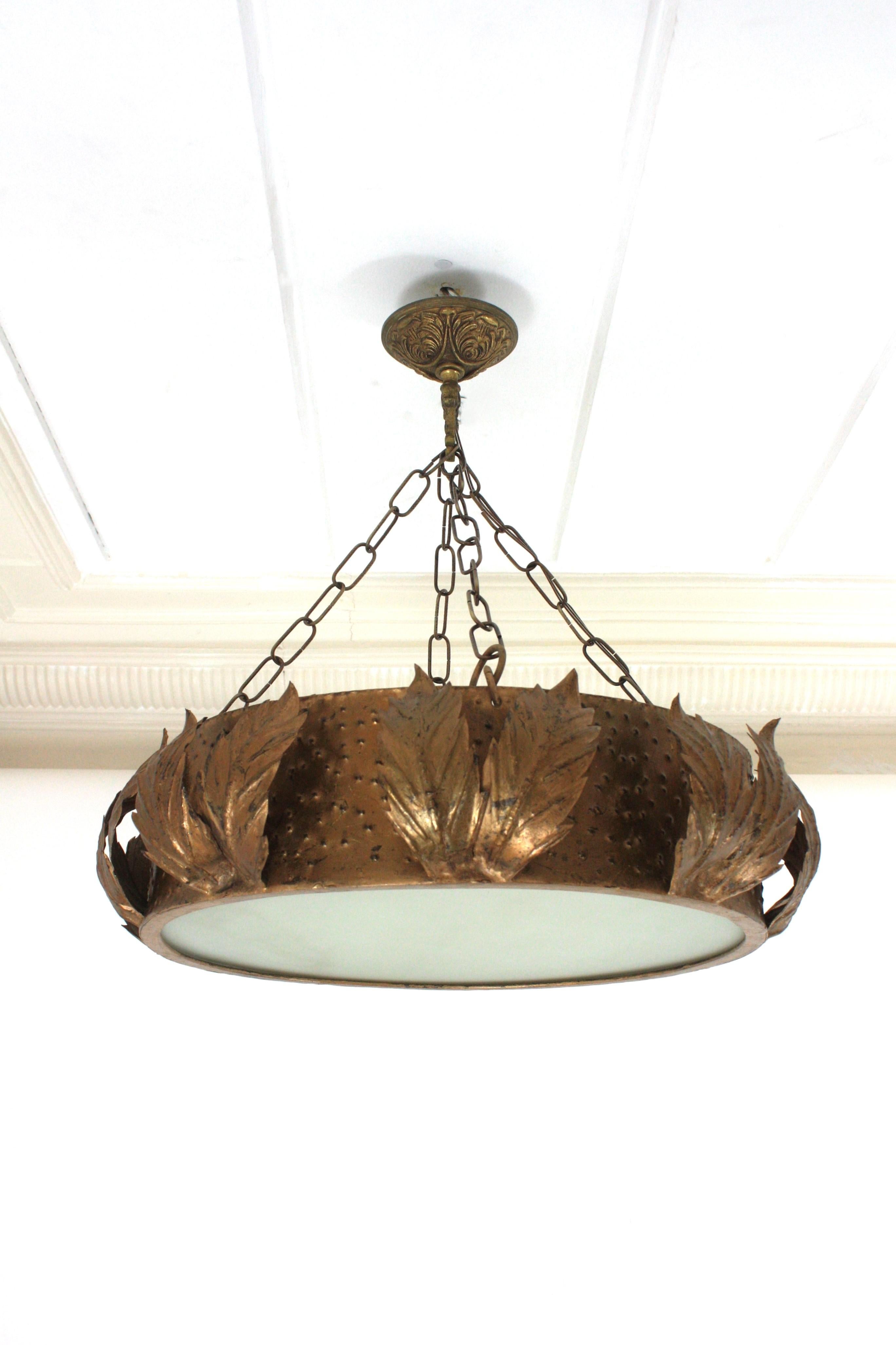 Brutalist Large Sunburst Crown Chandelier Flush Mount with Leaves Detail, Gilt Metal For Sale