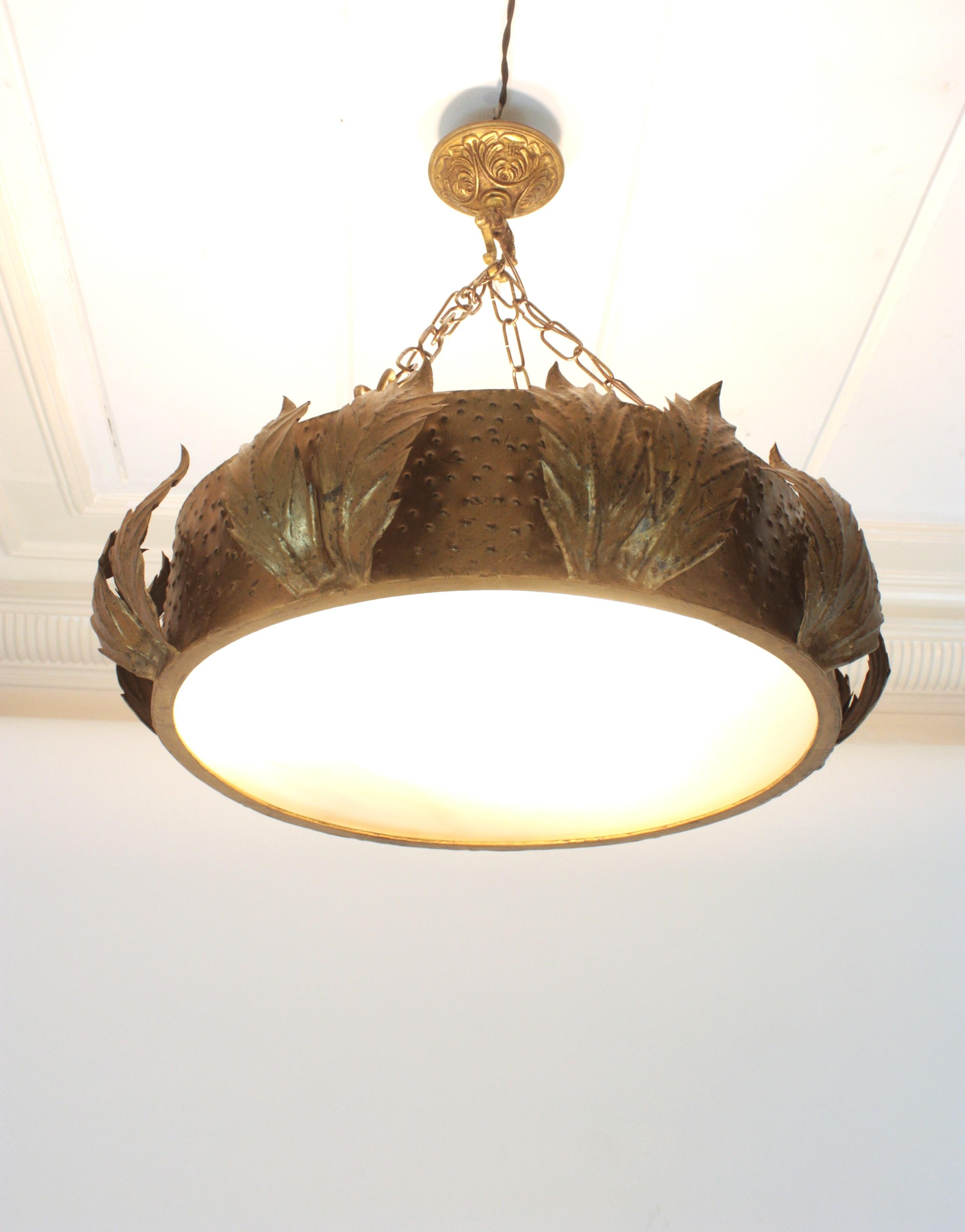 Frosted Large Sunburst Crown Chandelier Flush Mount with Leaves Detail, Gilt Metal For Sale
