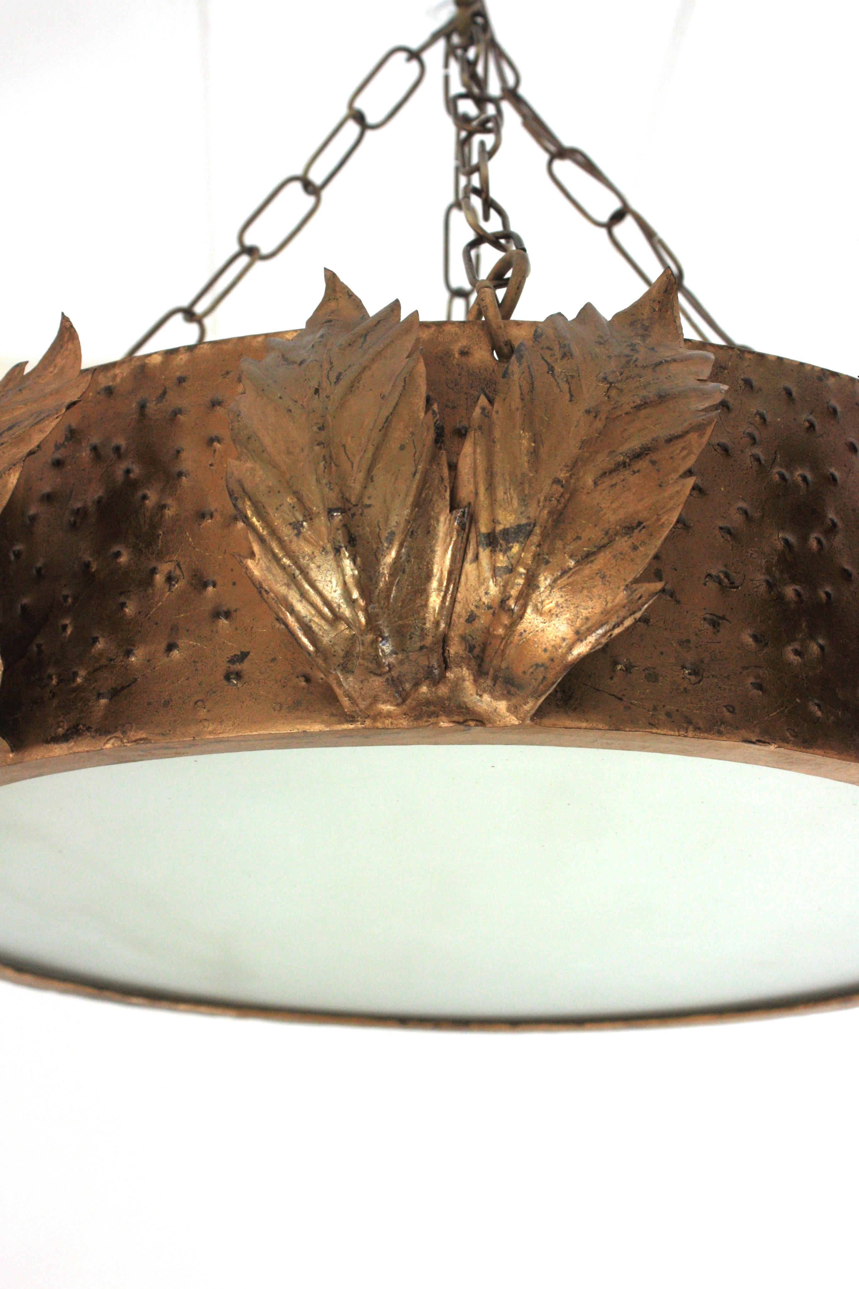 20th Century Large Sunburst Crown Chandelier Flush Mount with Leaves Detail, Gilt Metal For Sale