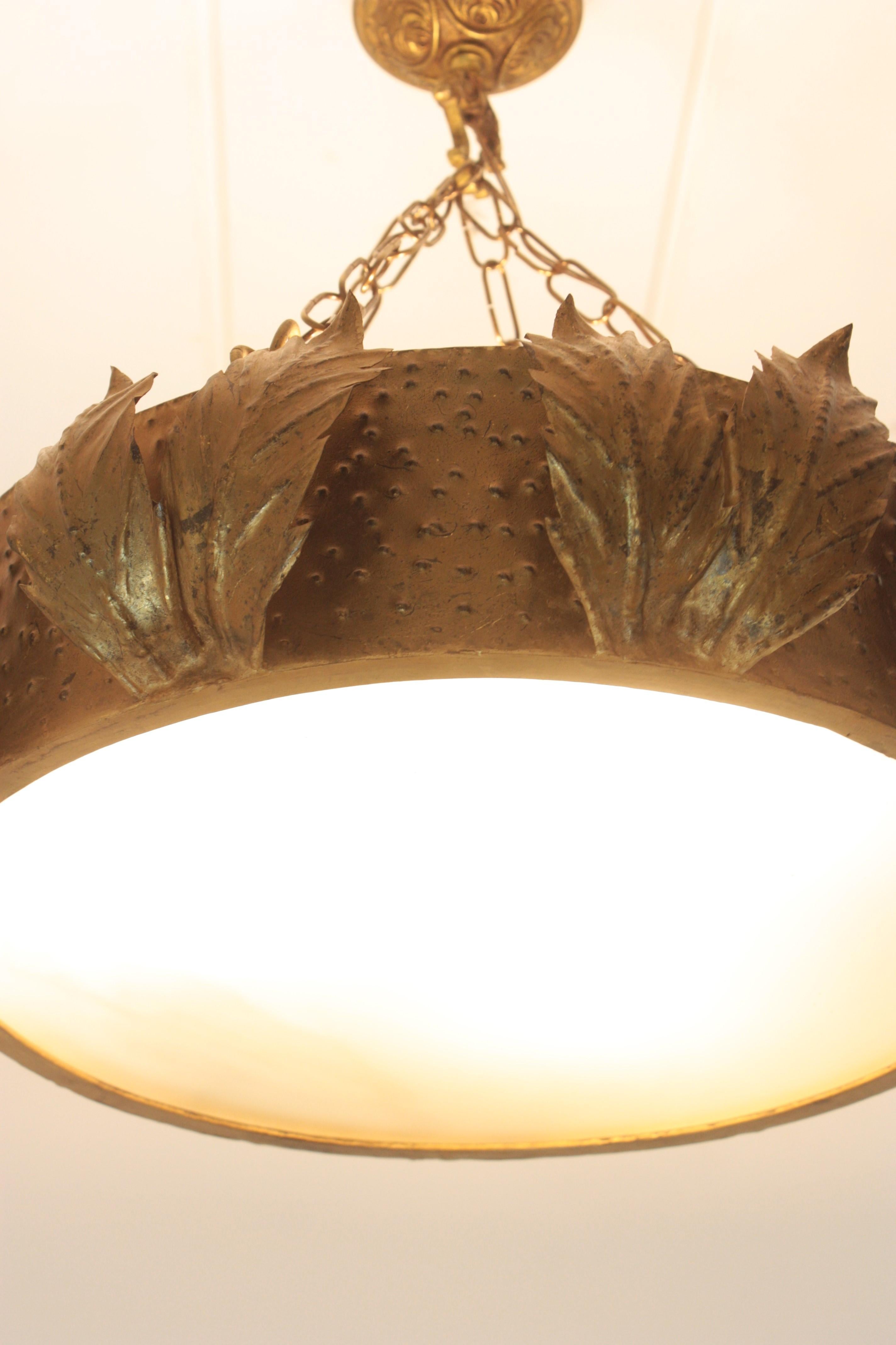 Large Sunburst Crown Chandelier Flush Mount with Leaves Detail, Gilt Metal For Sale 1