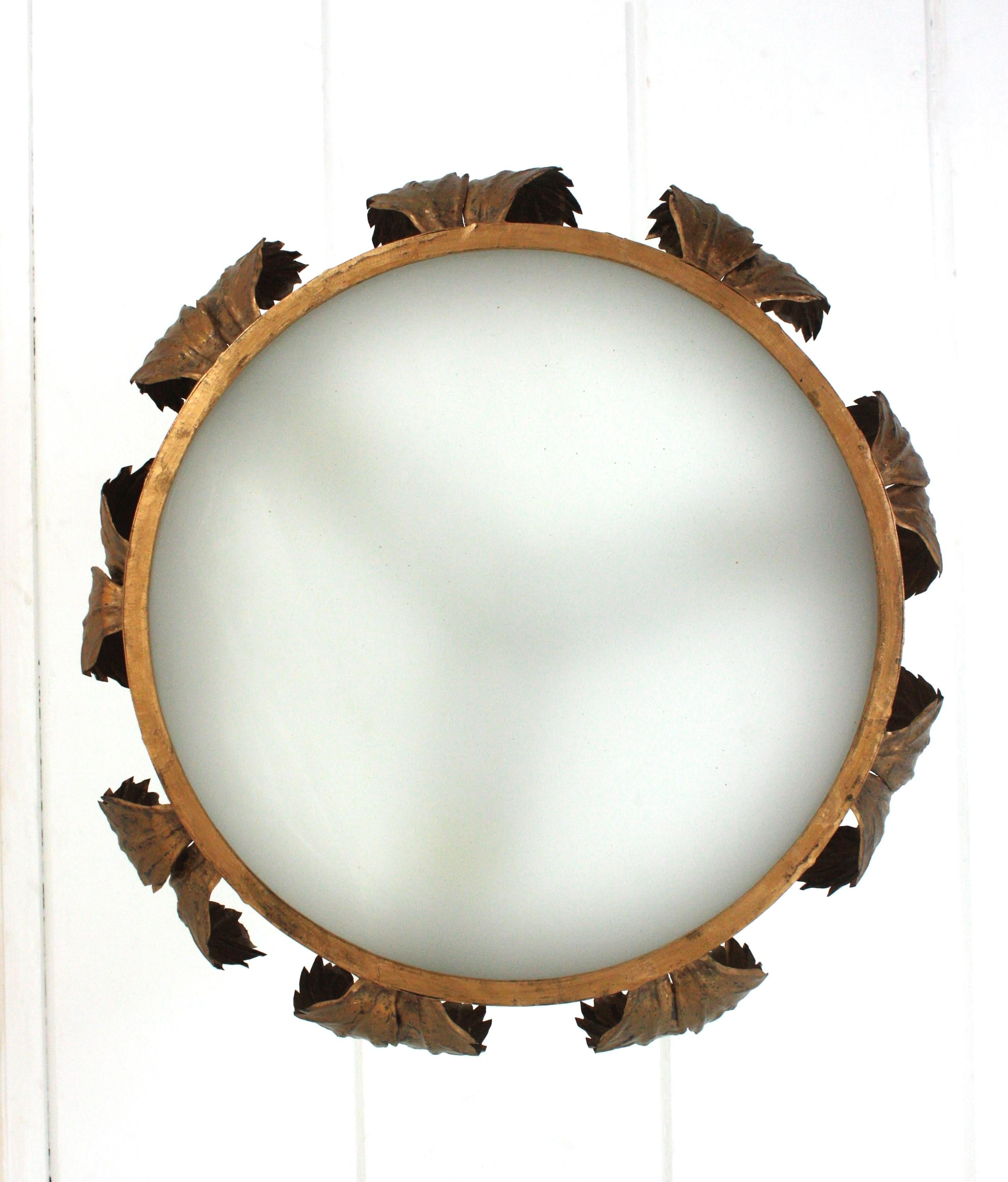 Large Sunburst Crown Chandelier Flush Mount with Leaves Detail, Gilt Metal For Sale 2