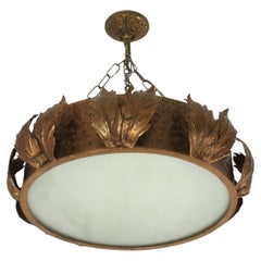 Large Sunburst Crown Chandelier Flush Mount with Leaves Detail, Gilt Metal
