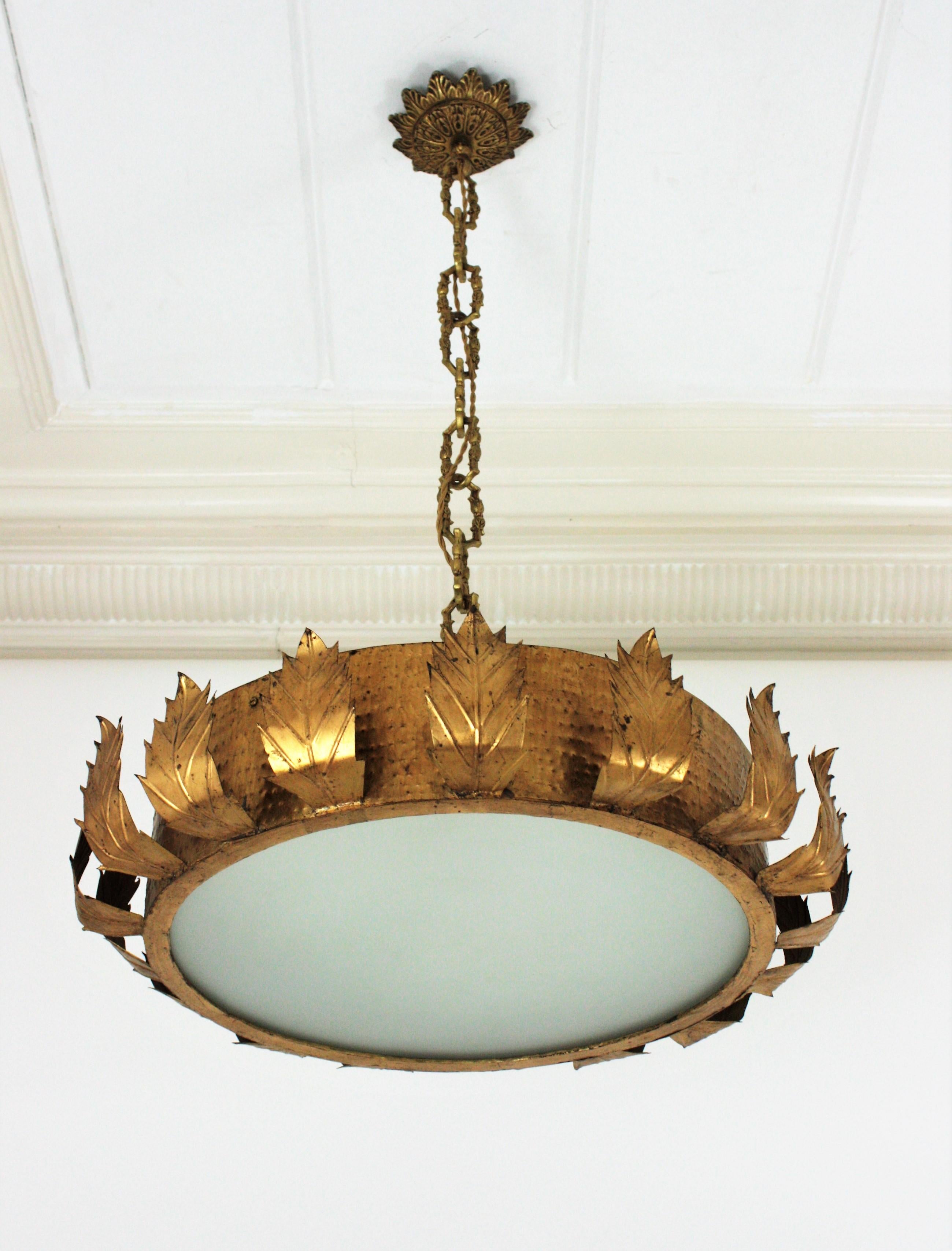 Large Sunburst Crown Chandelier or Flush Mount, Gilt Metal and Bronze 4