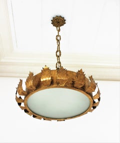 Large Sunburst Crown Chandelier or Flush Mount, Gilt Metal and Bronze