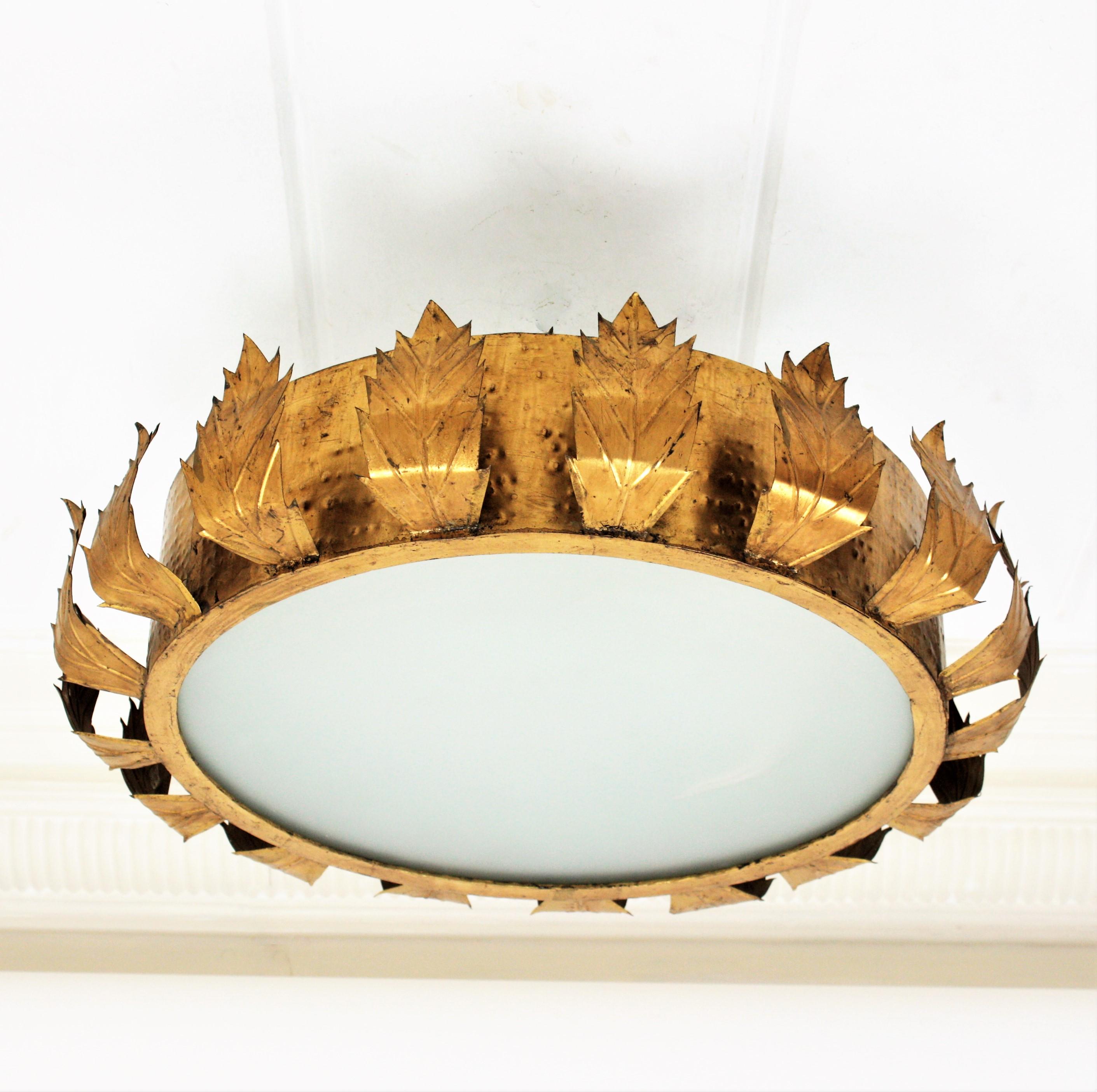Brutalist Large Sunburst Crown Chandelier or Flush Mount, Gilt Metal and Bronze