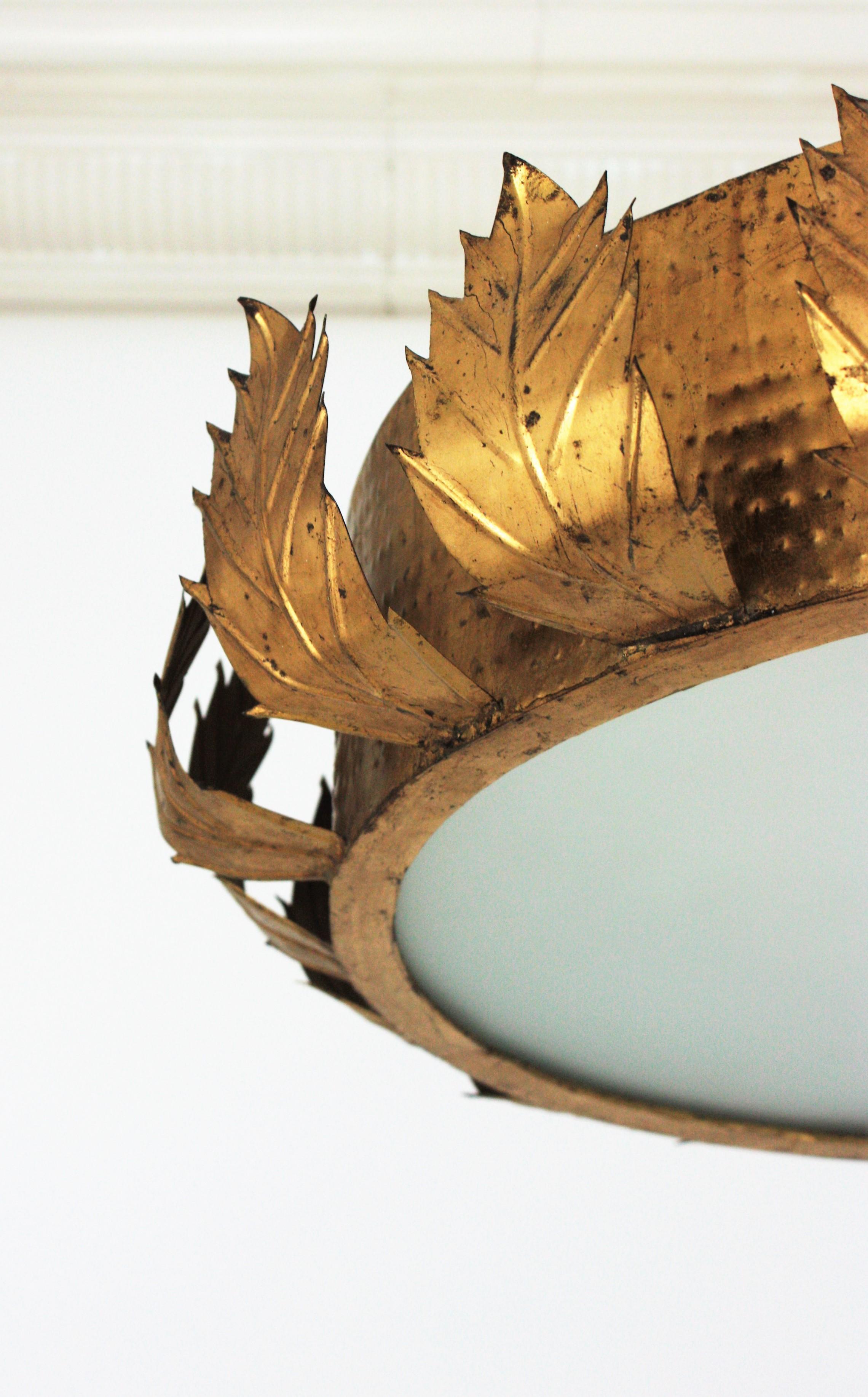 Gold Leaf Large Sunburst Crown Chandelier or Flush Mount, Gilt Metal and Bronze