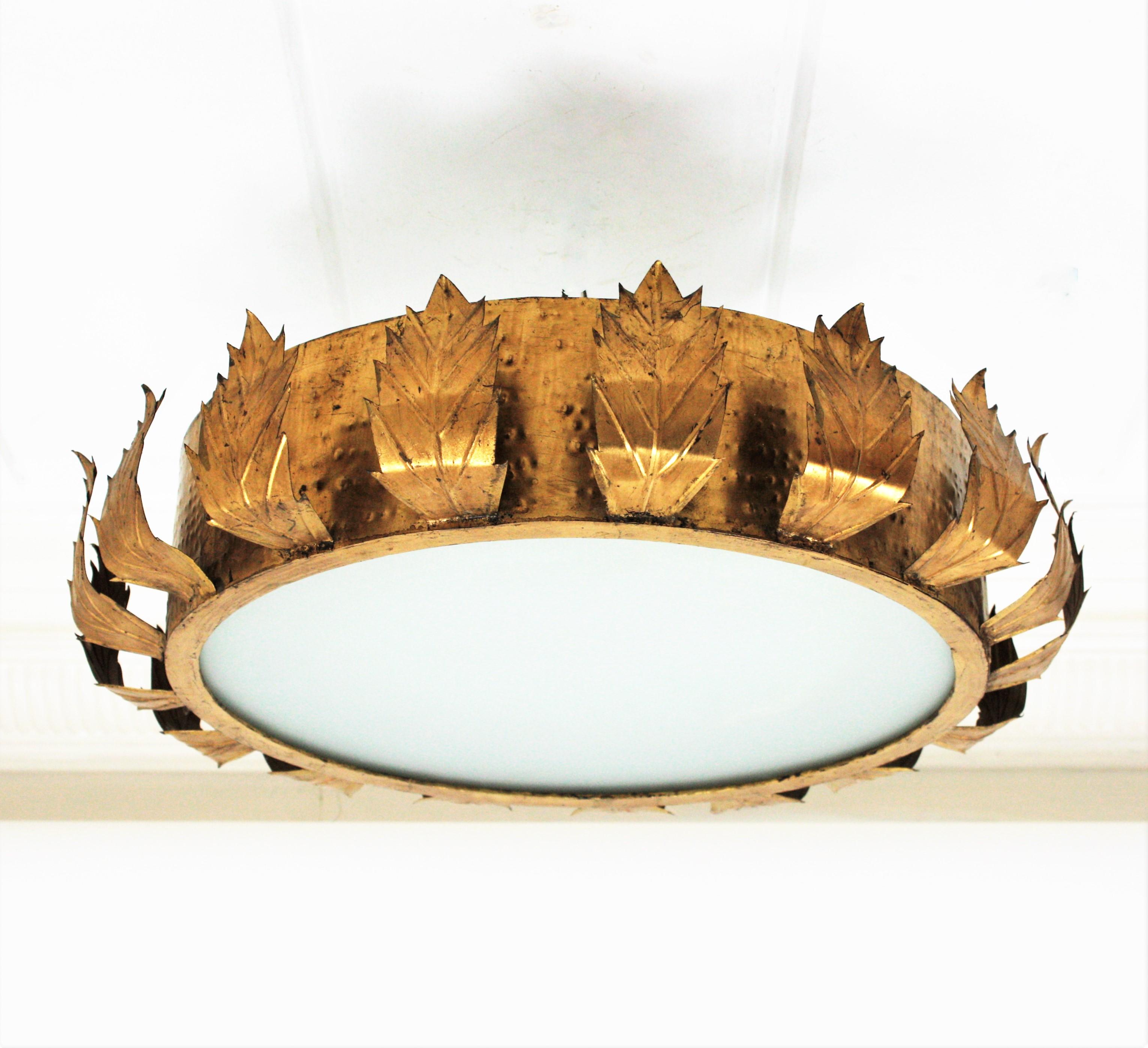 Large Sunburst Crown Chandelier or Flush Mount, Gilt Metal and Bronze 1