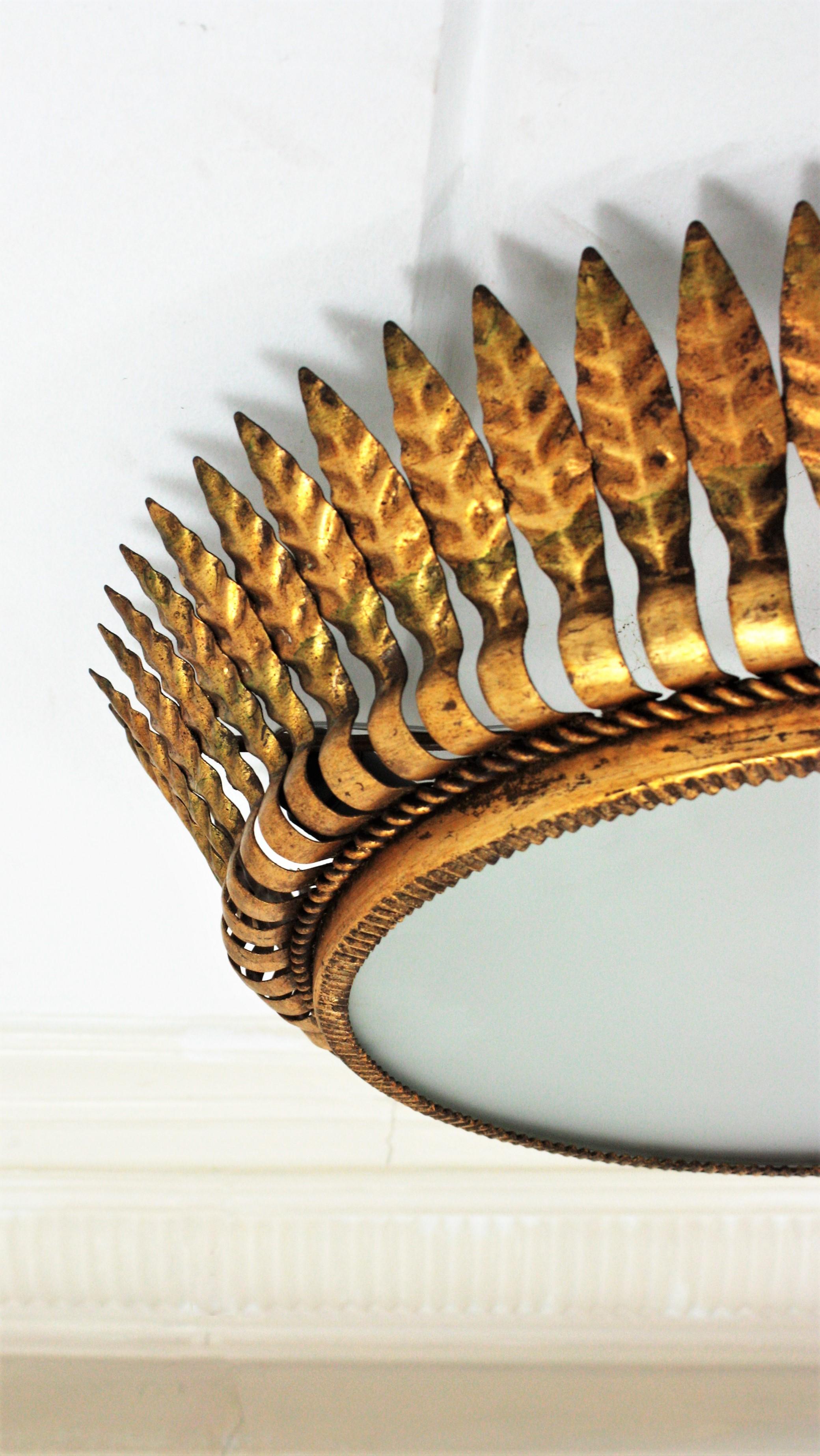 Spanish Large Sunburst Crown Leafed Light Fixture in Gilt Metal For Sale 5