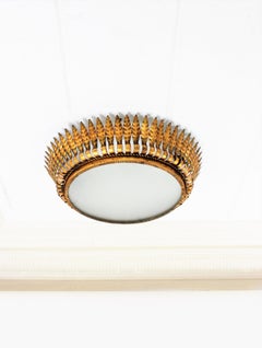Spanish Large Sunburst Crown Leafed Flush Mount Light Fixture in Gilt Metal