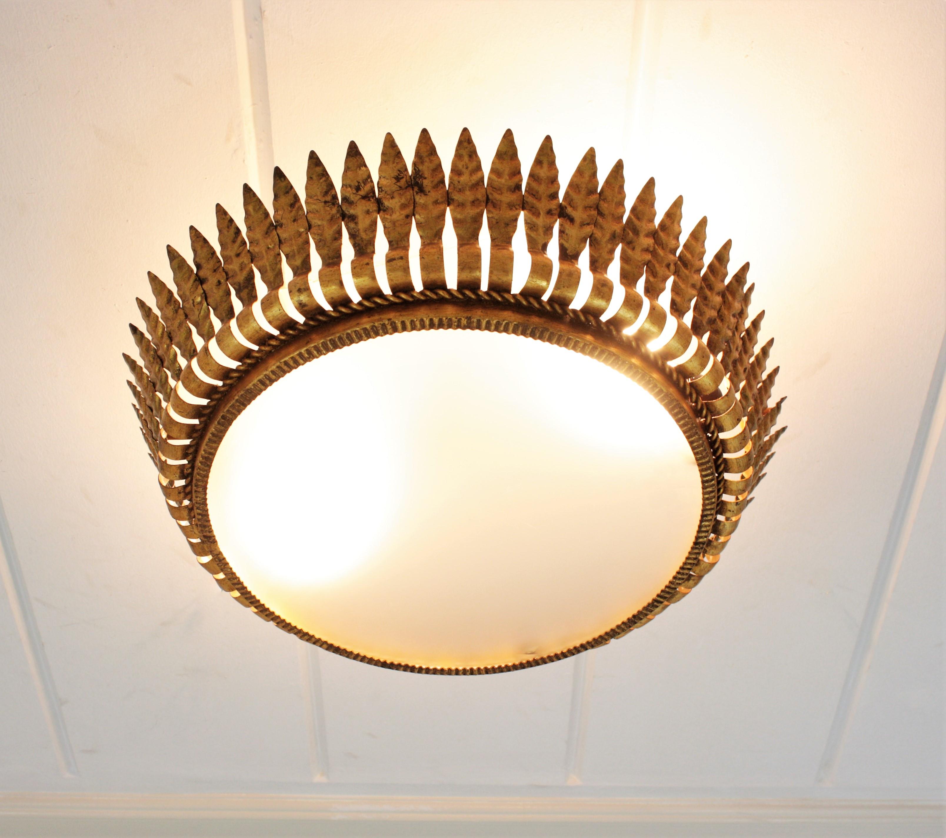 Frosted Spanish Large Sunburst Crown Leafed Light Fixture in Gilt Metal For Sale