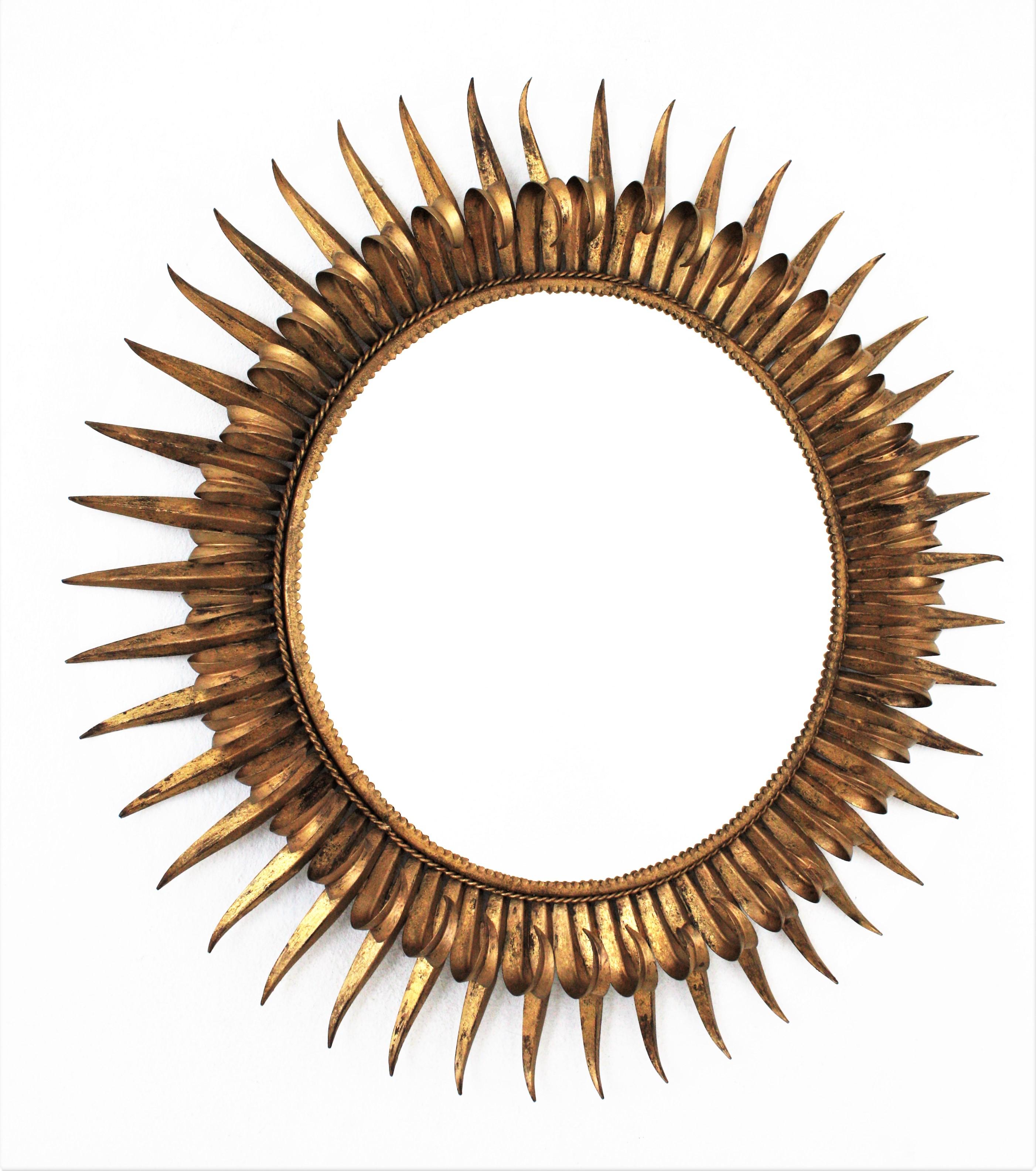 Hammered French Large Sunburst Eyelash Mirror, Wrought Gilt Iron For Sale