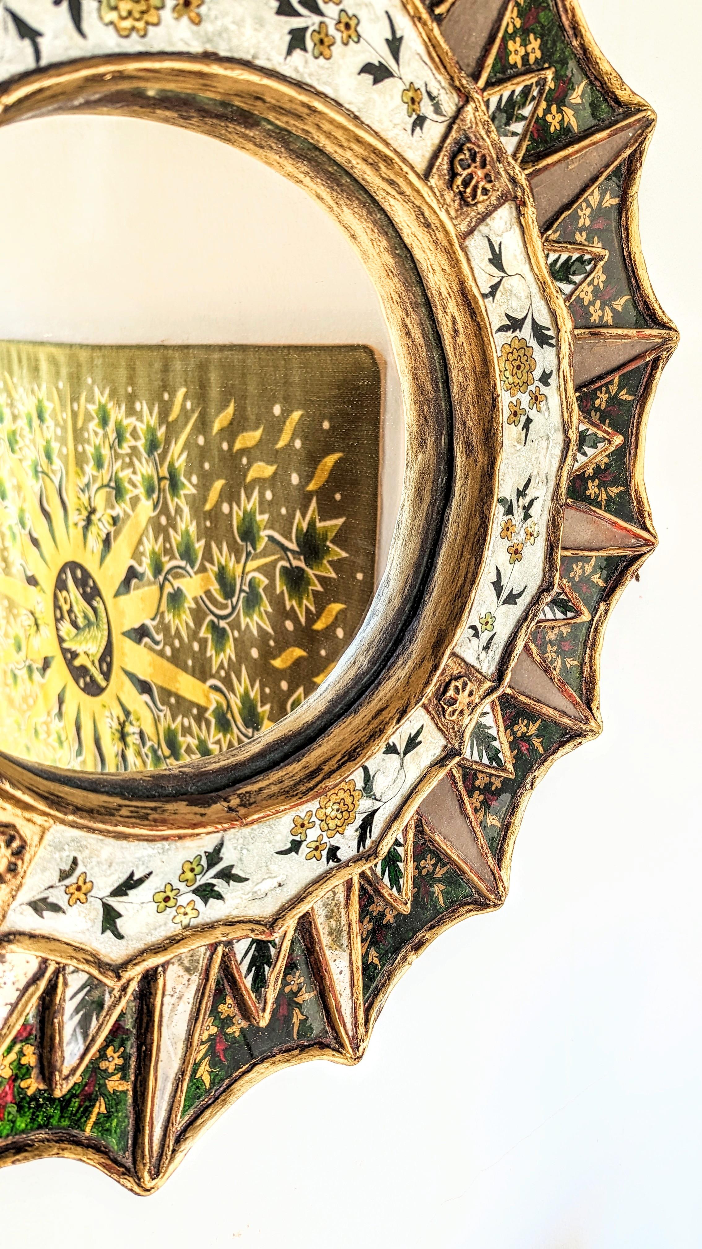 Large Sunburst Flower Painting Mirror, Spain 1960s In Good Condition For Sale In L'Escala, ES