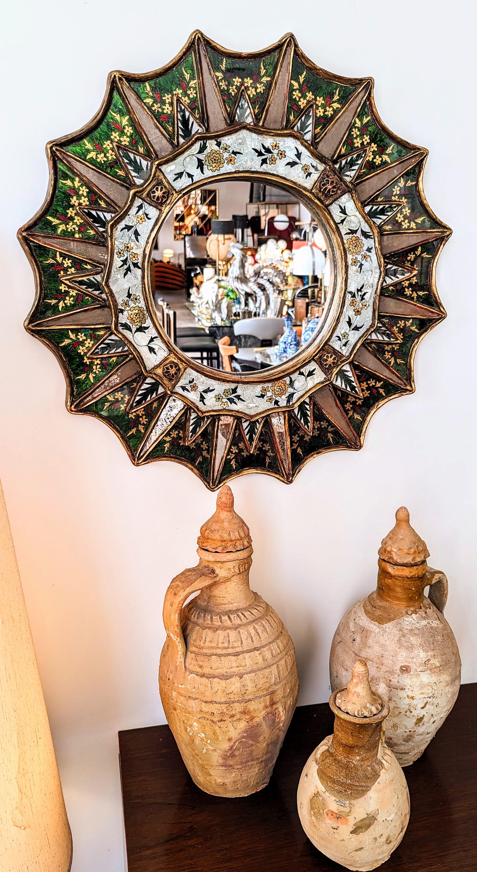 Large Sunburst Flower Painting Mirror, Spain 1960s For Sale 2