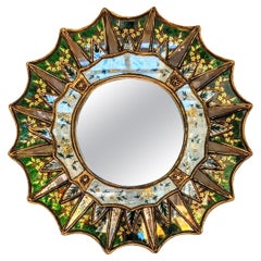 Large Sunburst Flower Painting Mirror, Spain 1960s
