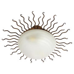 Large Sunburst Flush Mount Ceiling Light Fixture in Gilt Iron and Glass, c. 1950