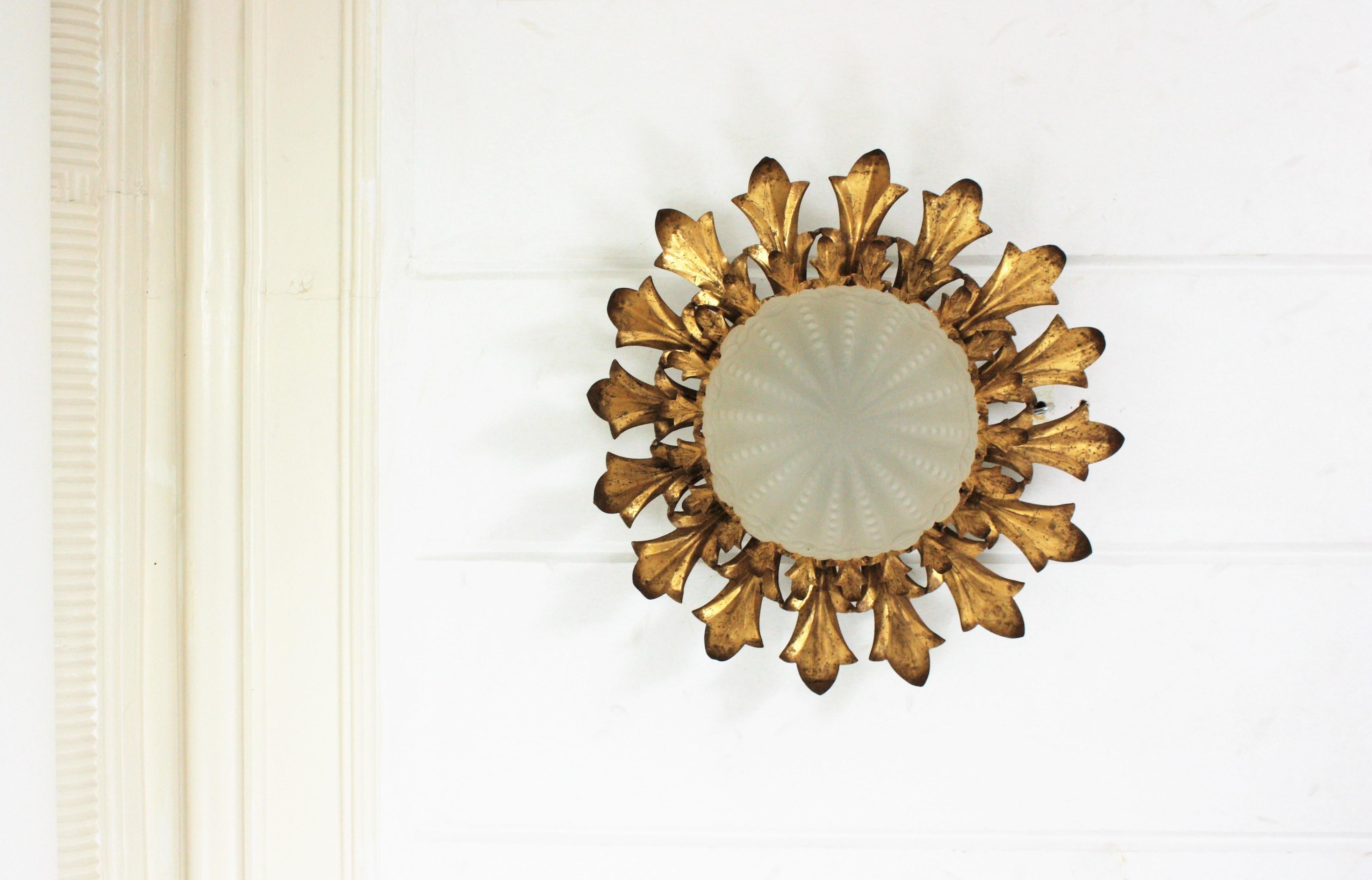 Large Sunburst Flush Mount in Gilt Iron with Frosted Glass Globe For Sale 4