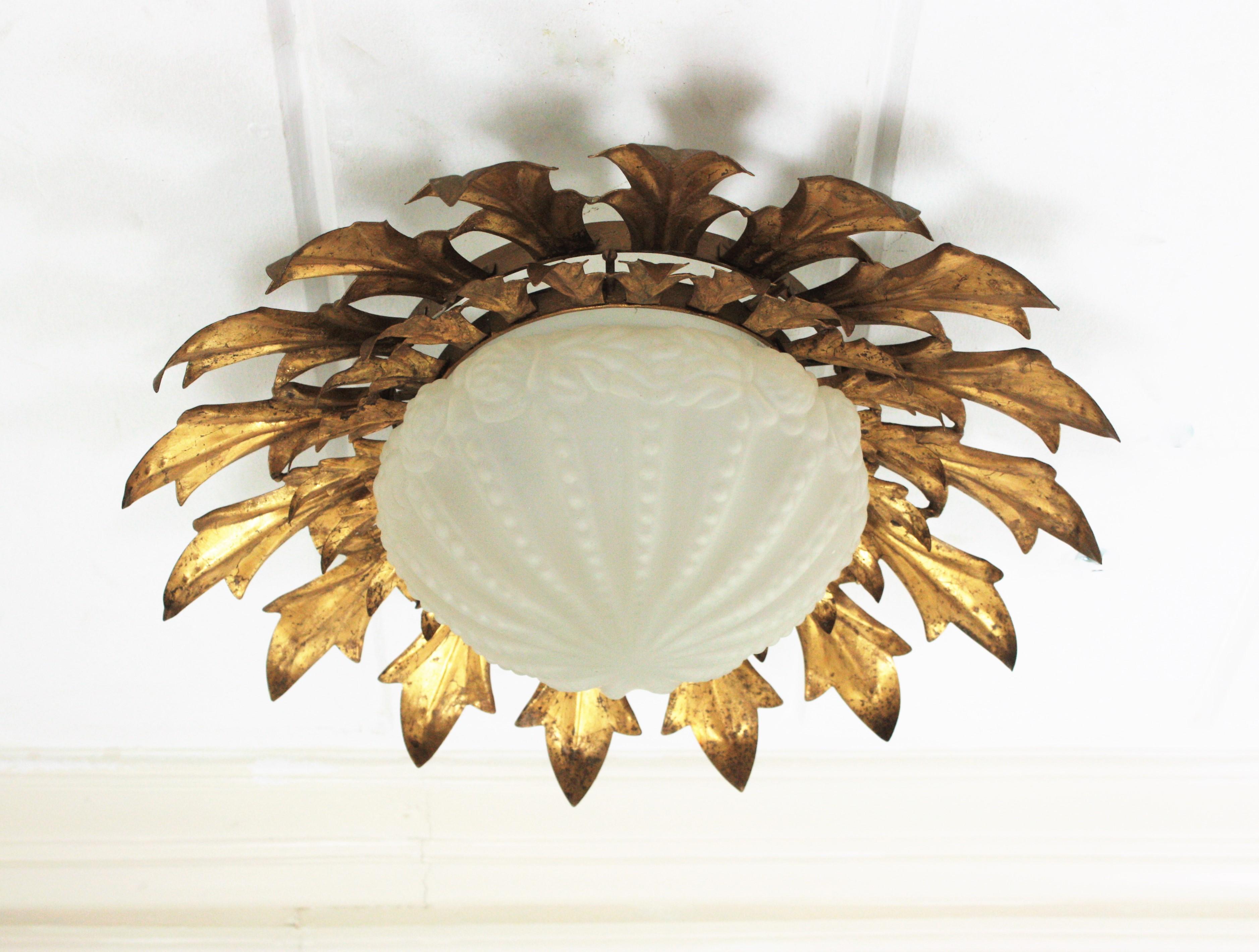 Large Sunburst Flush Mount in Gilt Iron with Frosted Glass Globe For Sale 8