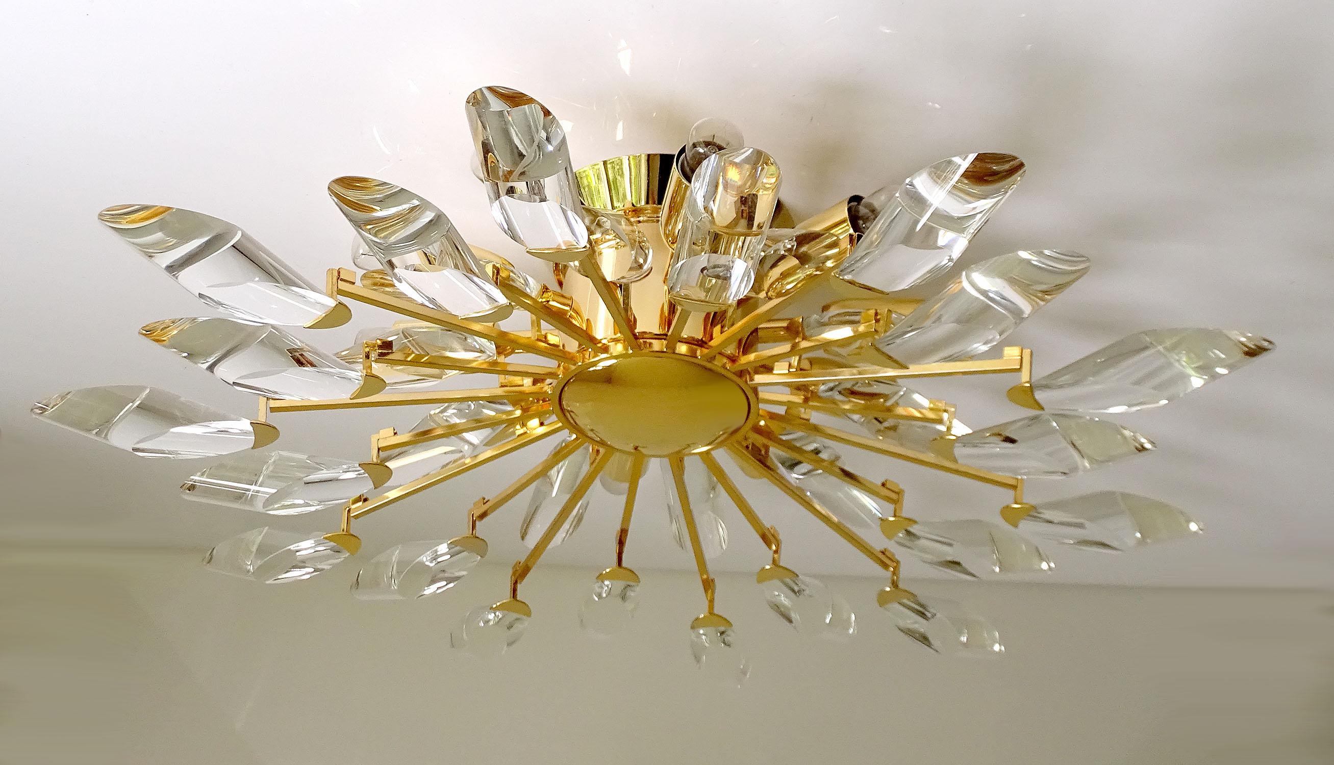 Large Sunburst Gilded Brass Crystal Flush Mount Light, Stilnovo Gio ...