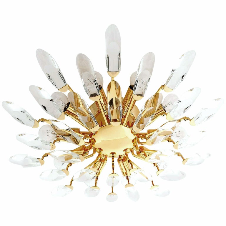 Large Sunburst Gilded Brass Crystal Flush Mount Light