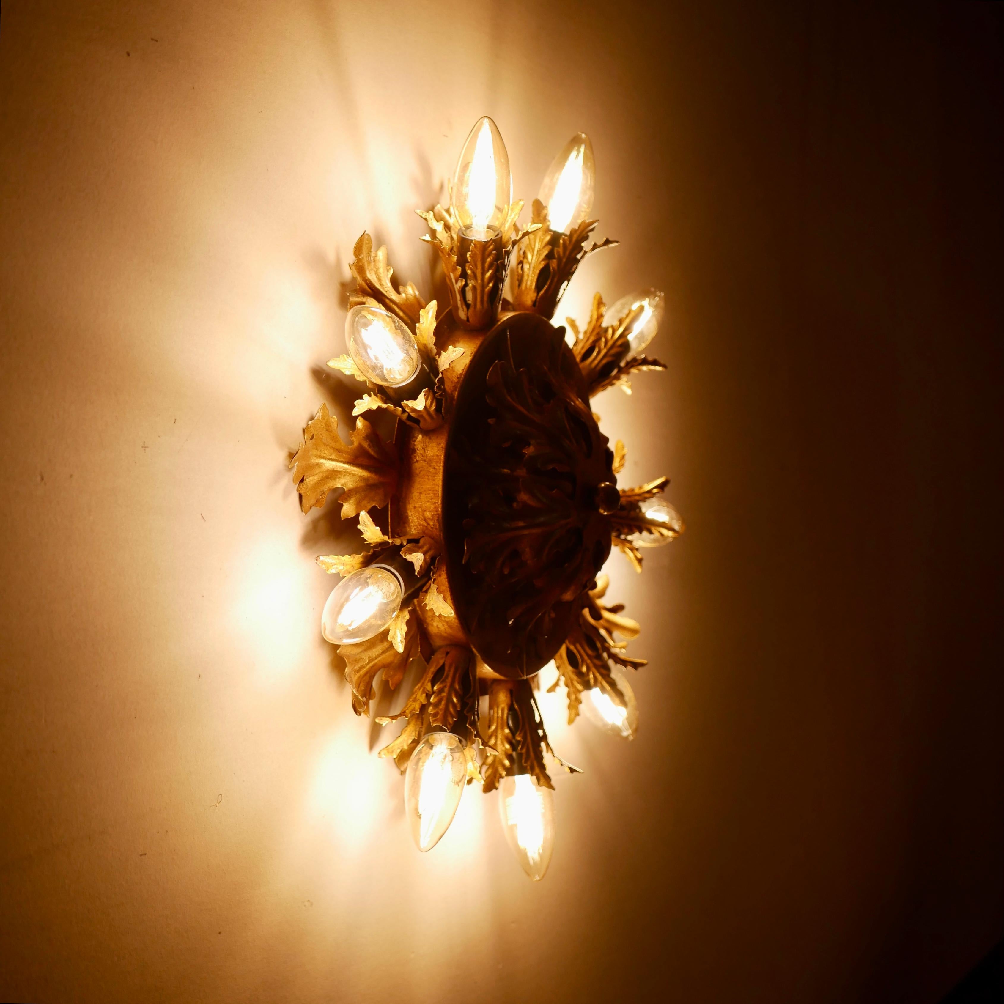 Large Sunburst Gilded Ceiling Light or Wall Light from Banci, Firenze, 1980s For Sale 3