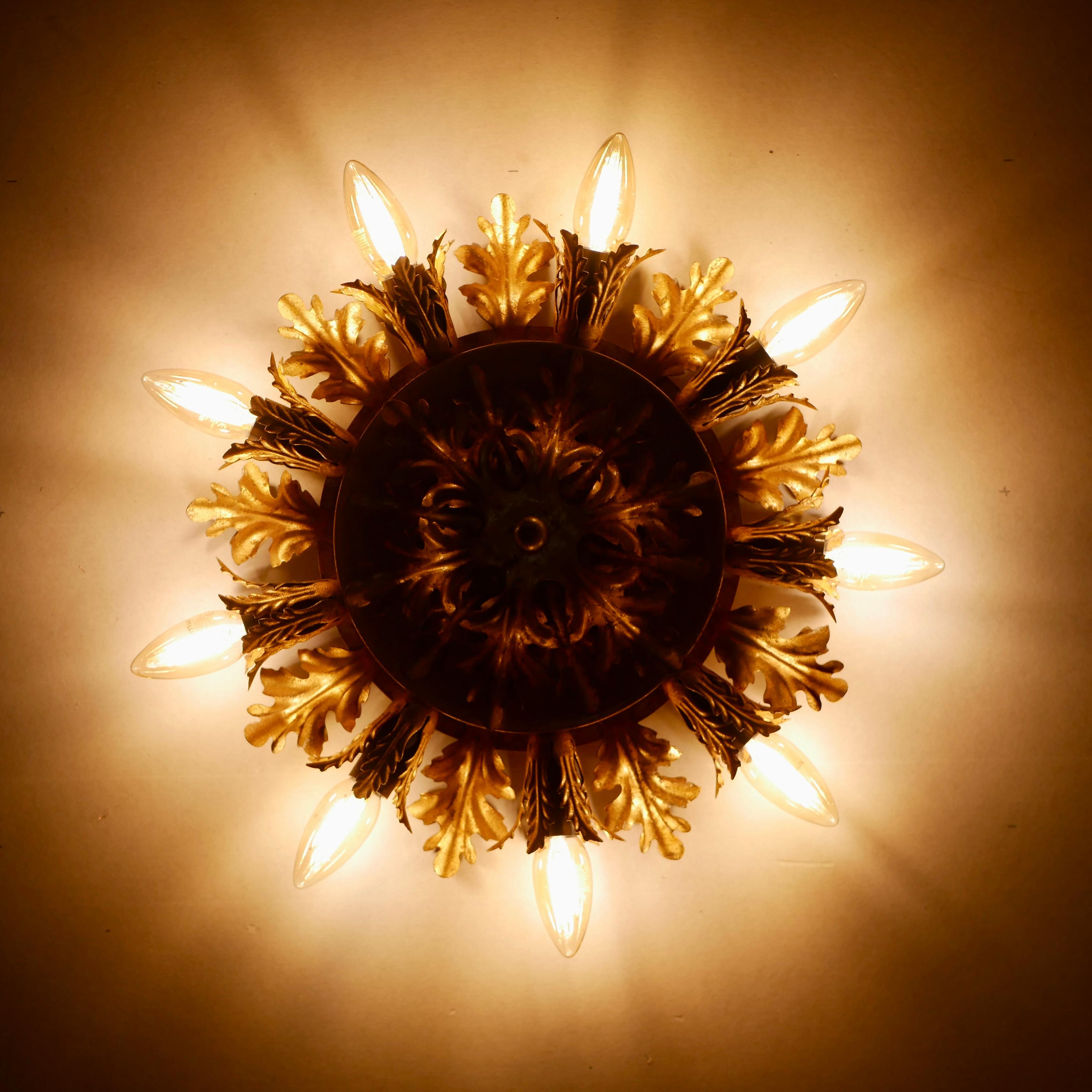 Large Sunburst Gilded Ceiling Light or Wall Light from Banci, Firenze, 1980s For Sale 4