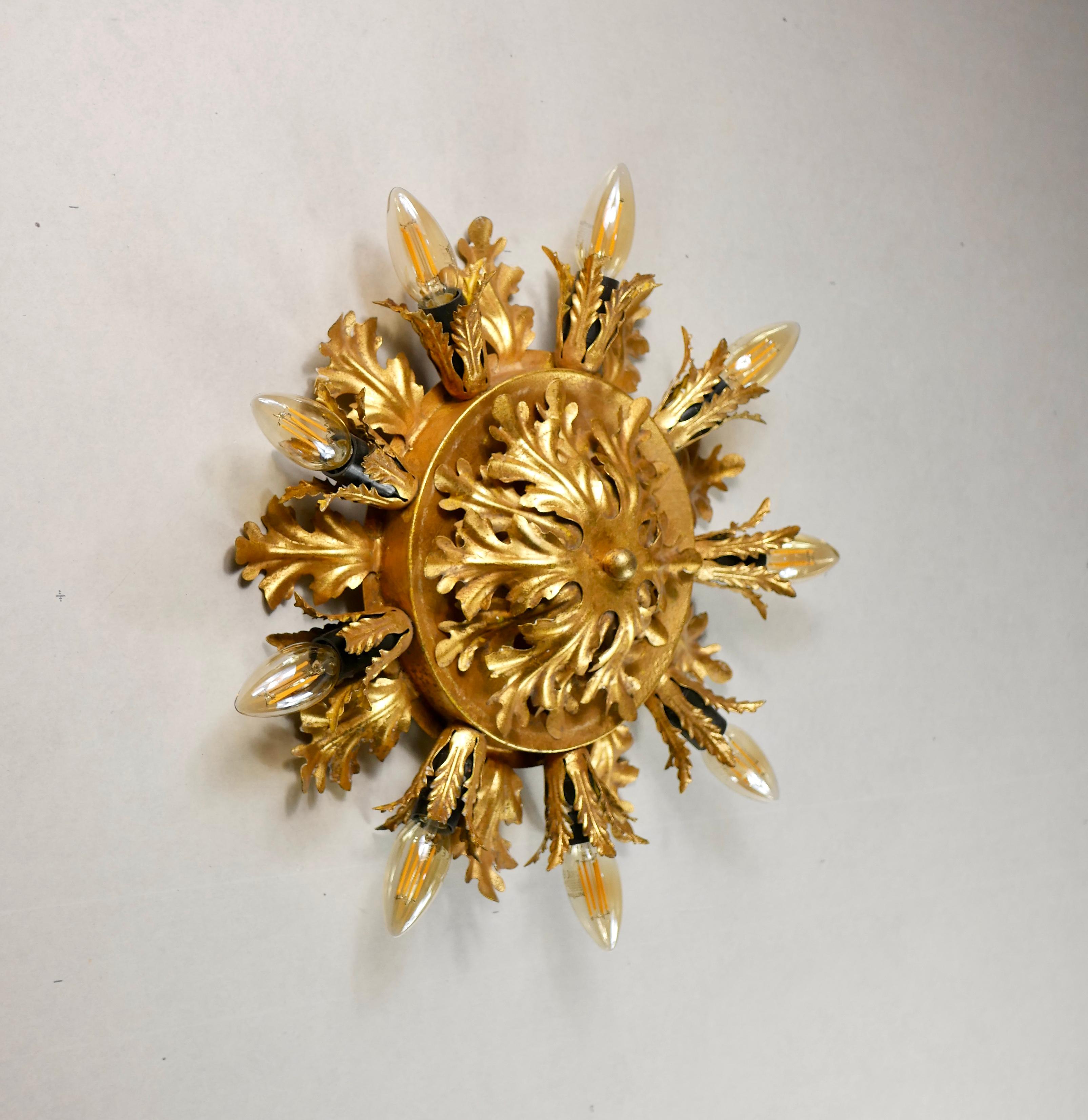 Rococo Large Sunburst Gilded Ceiling Light or Wall Light from Banci, Firenze, 1980s For Sale