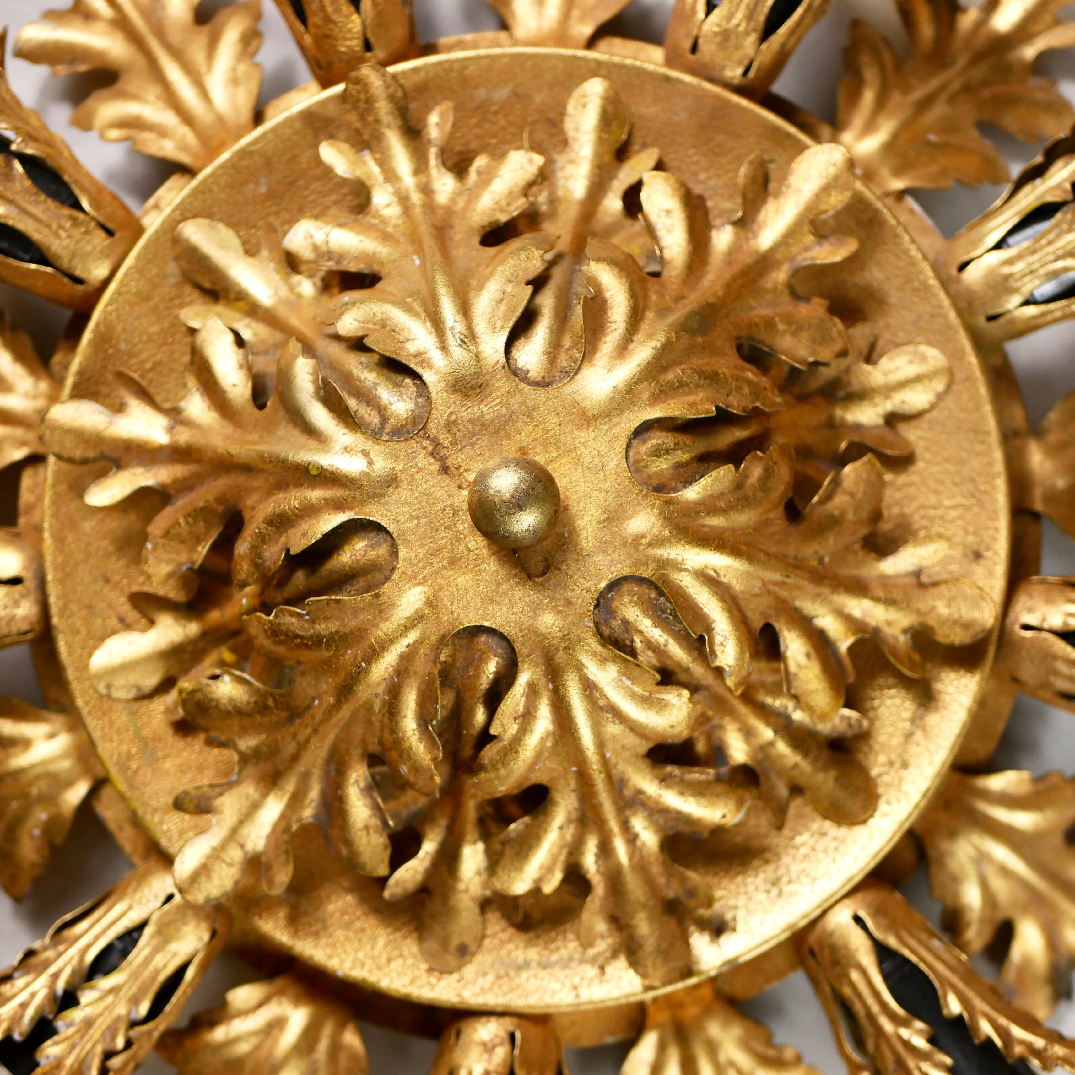 Wrought Iron Large Sunburst Gilded Ceiling Light or Wall Light from Banci, Firenze, 1980s For Sale