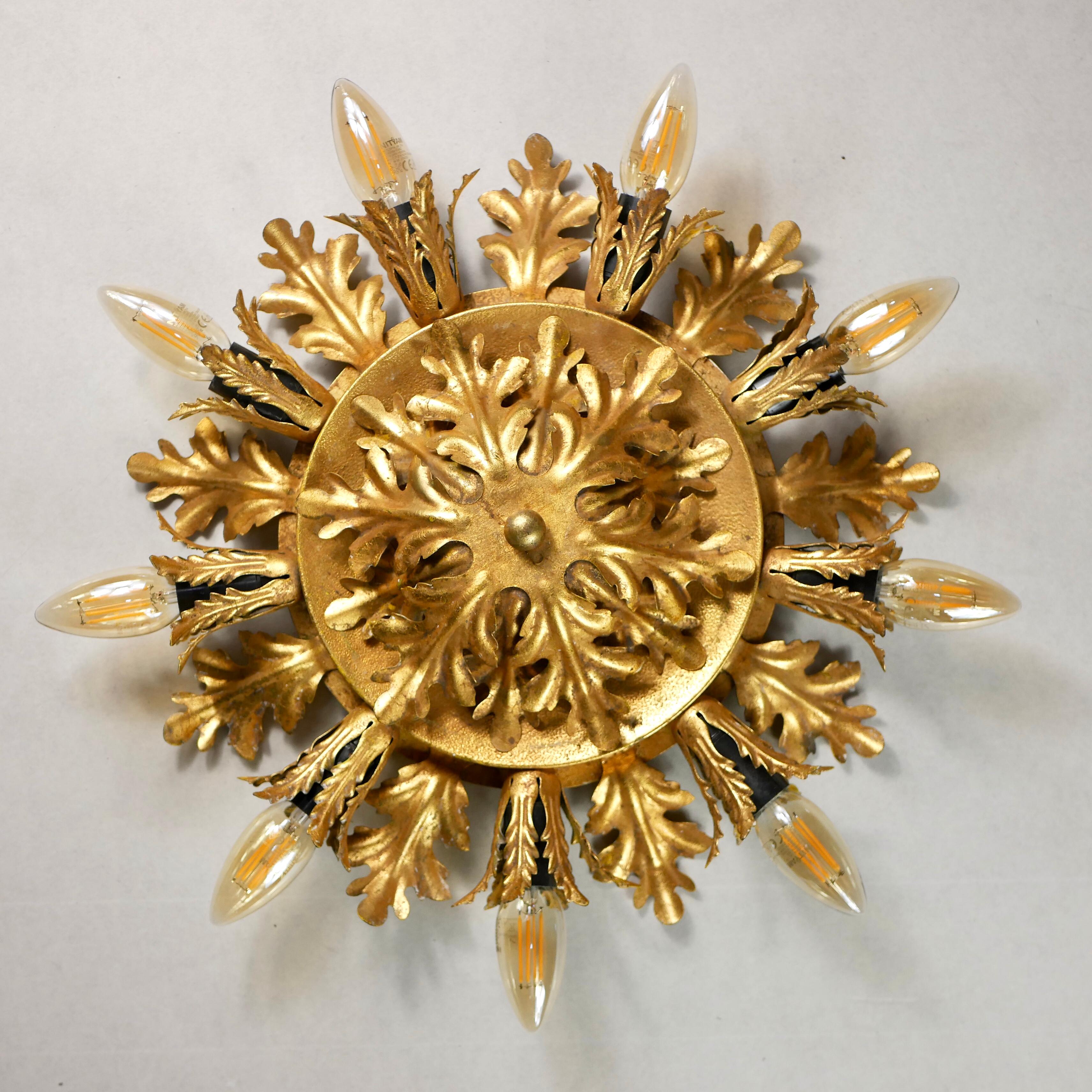 Large Sunburst Gilded Ceiling Light or Wall Light from Banci, Firenze, 1980s For Sale 2