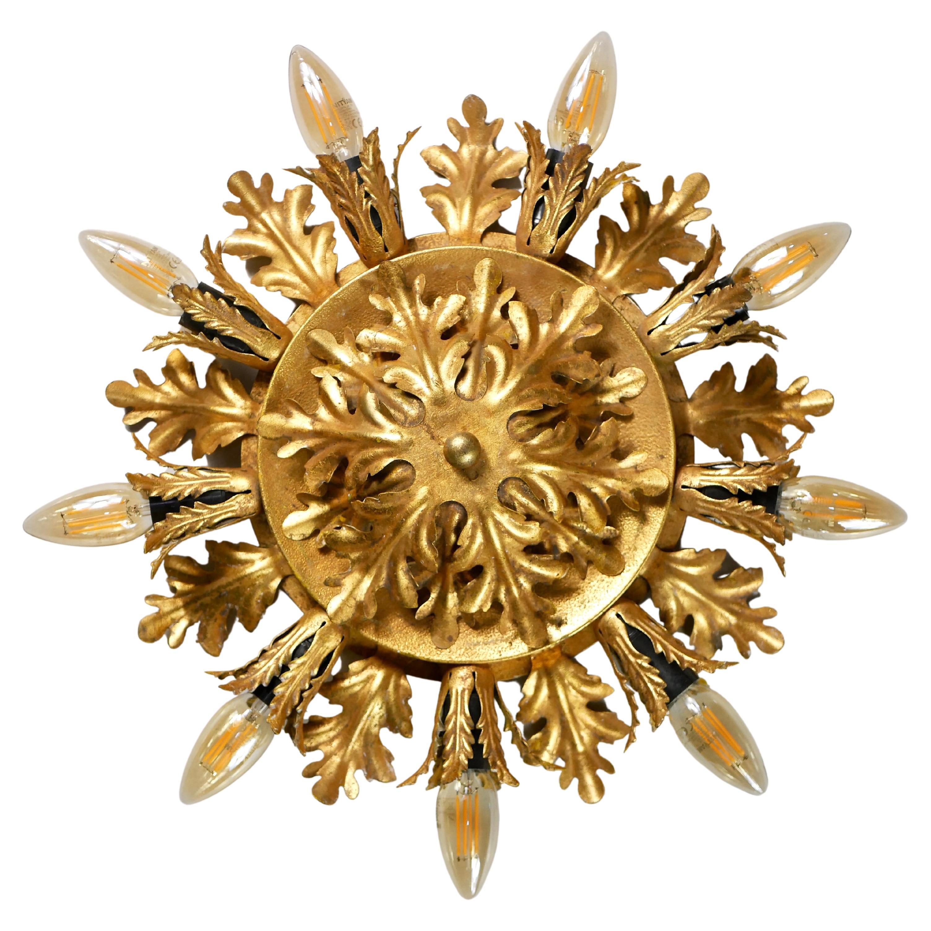 Large Sunburst Gilded Ceiling Light or Wall Light from Banci, Firenze, 1980s For Sale