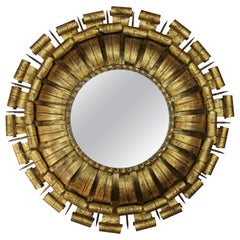Large Sunburst Gilt Wrought Iron Wall Lamp Backlit Mirror, Spain, ca. 1950s