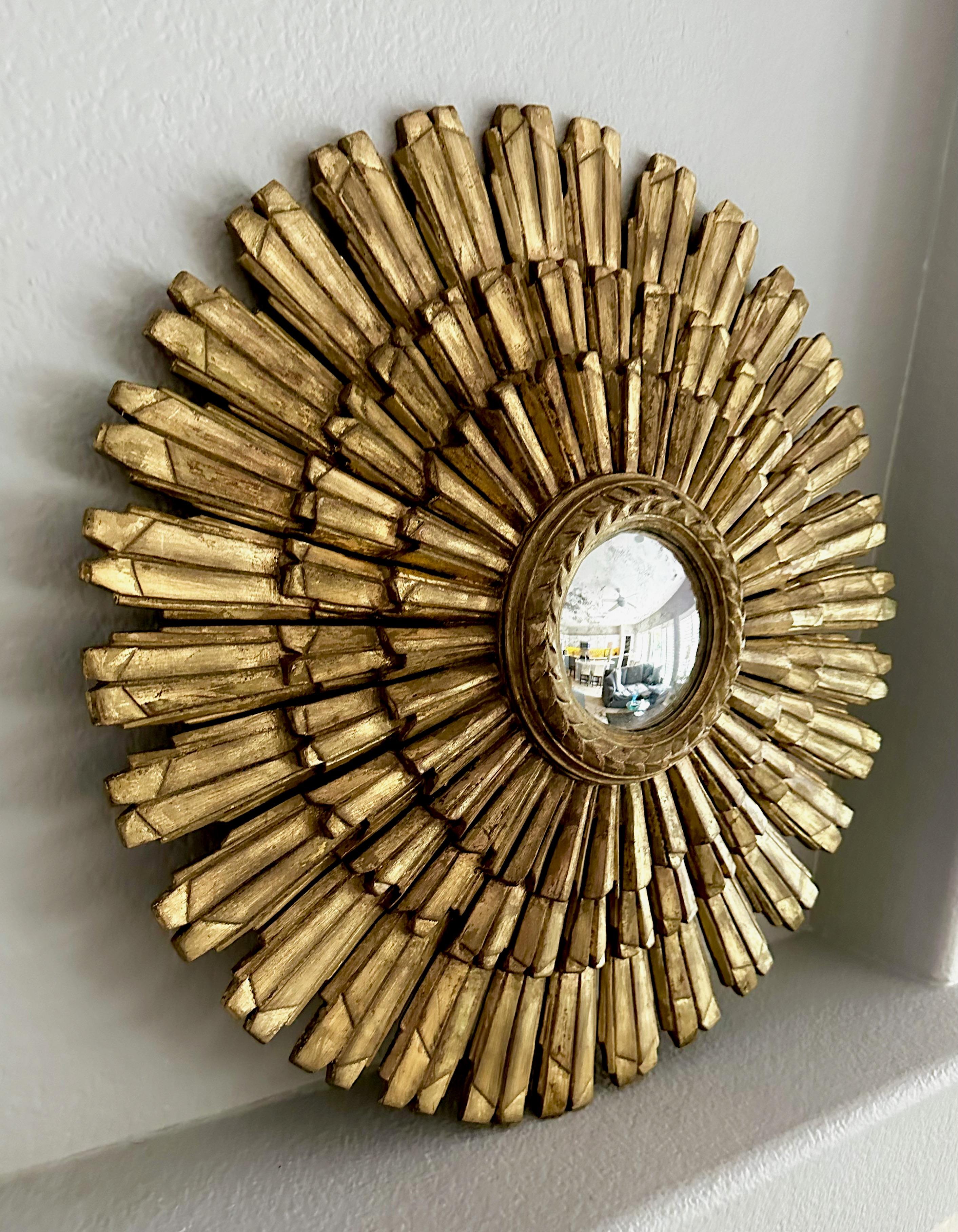 Mid-20th Century Large Sunburst Giltwood Convex Wall Mirror For Sale