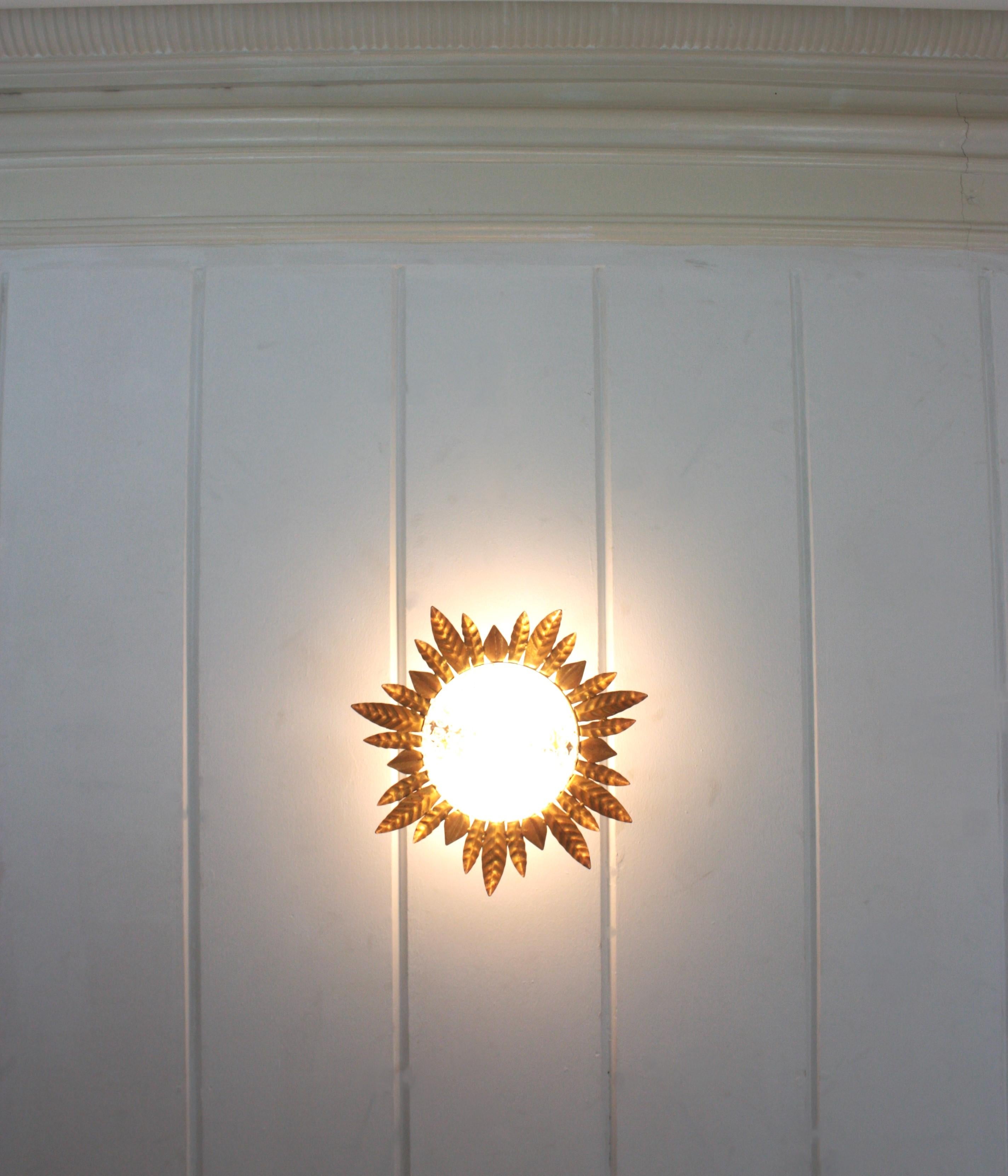Large Sunburst Leafed Ceiling Light Fixture in Gilt Iron and Pressed Glass For Sale 6