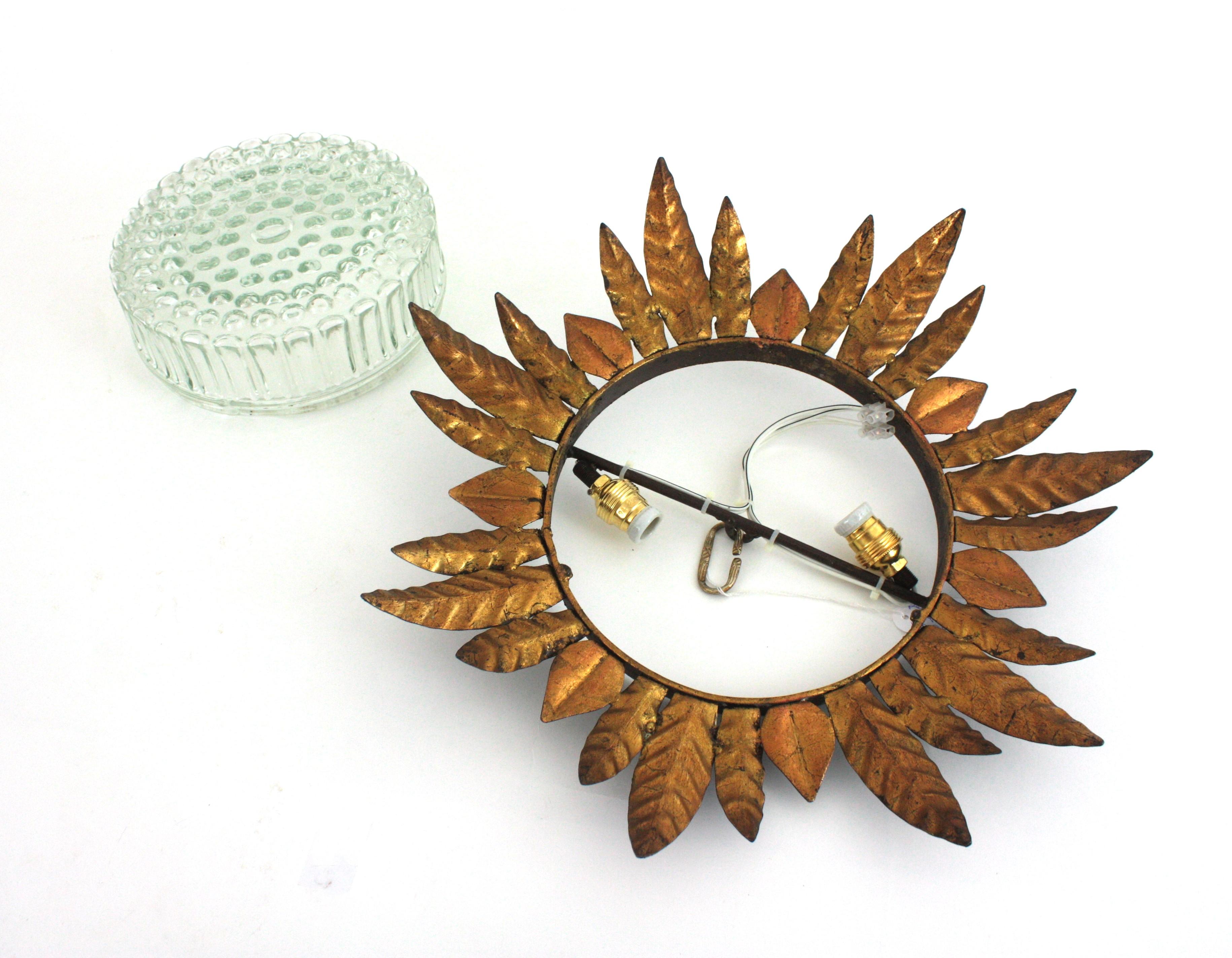 Large Sunburst Leafed Ceiling Light Fixture in Gilt Iron and Pressed Glass For Sale 10