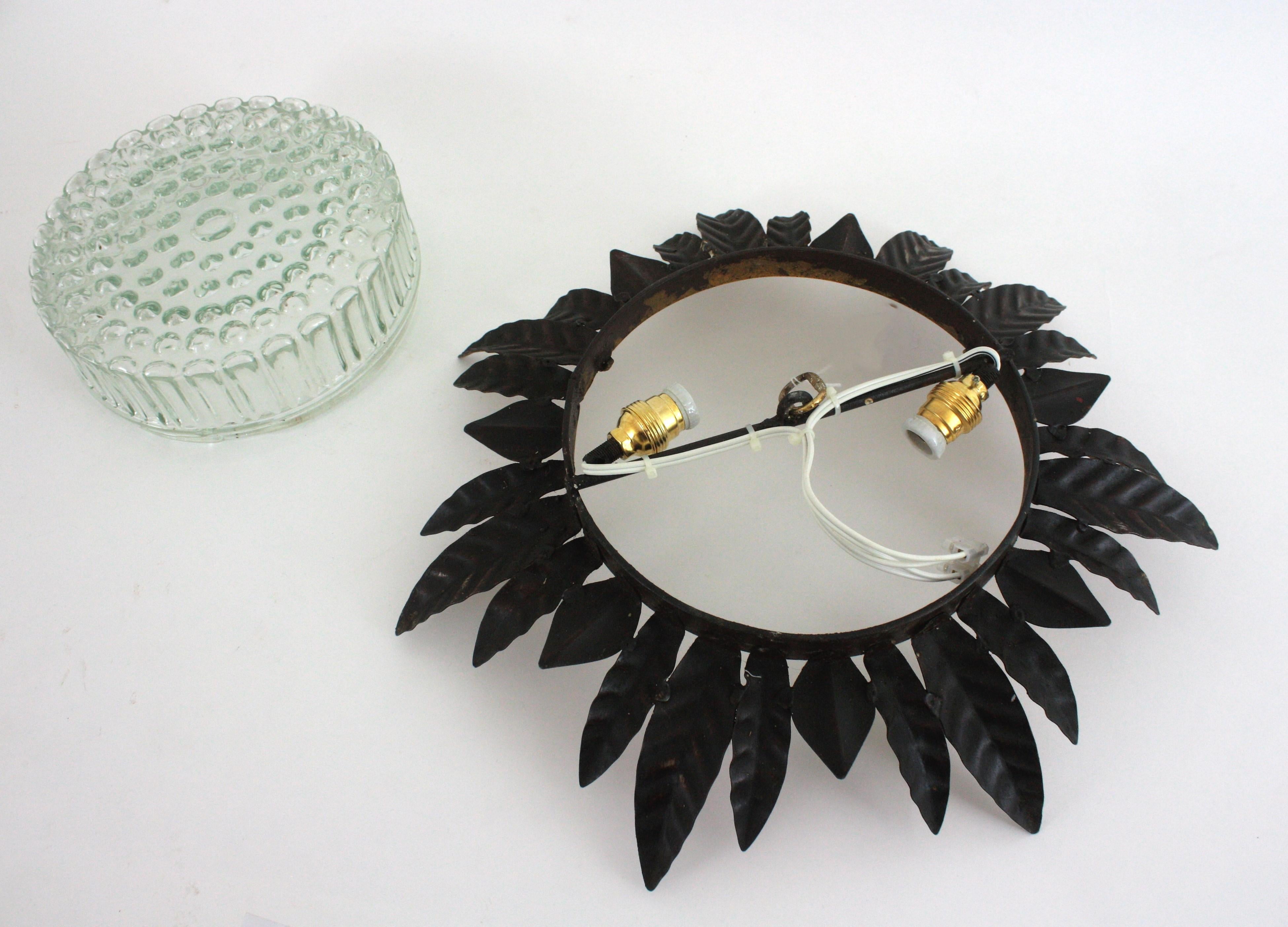 Large Sunburst Leafed Ceiling Light Fixture in Gilt Iron and Pressed Glass For Sale 11
