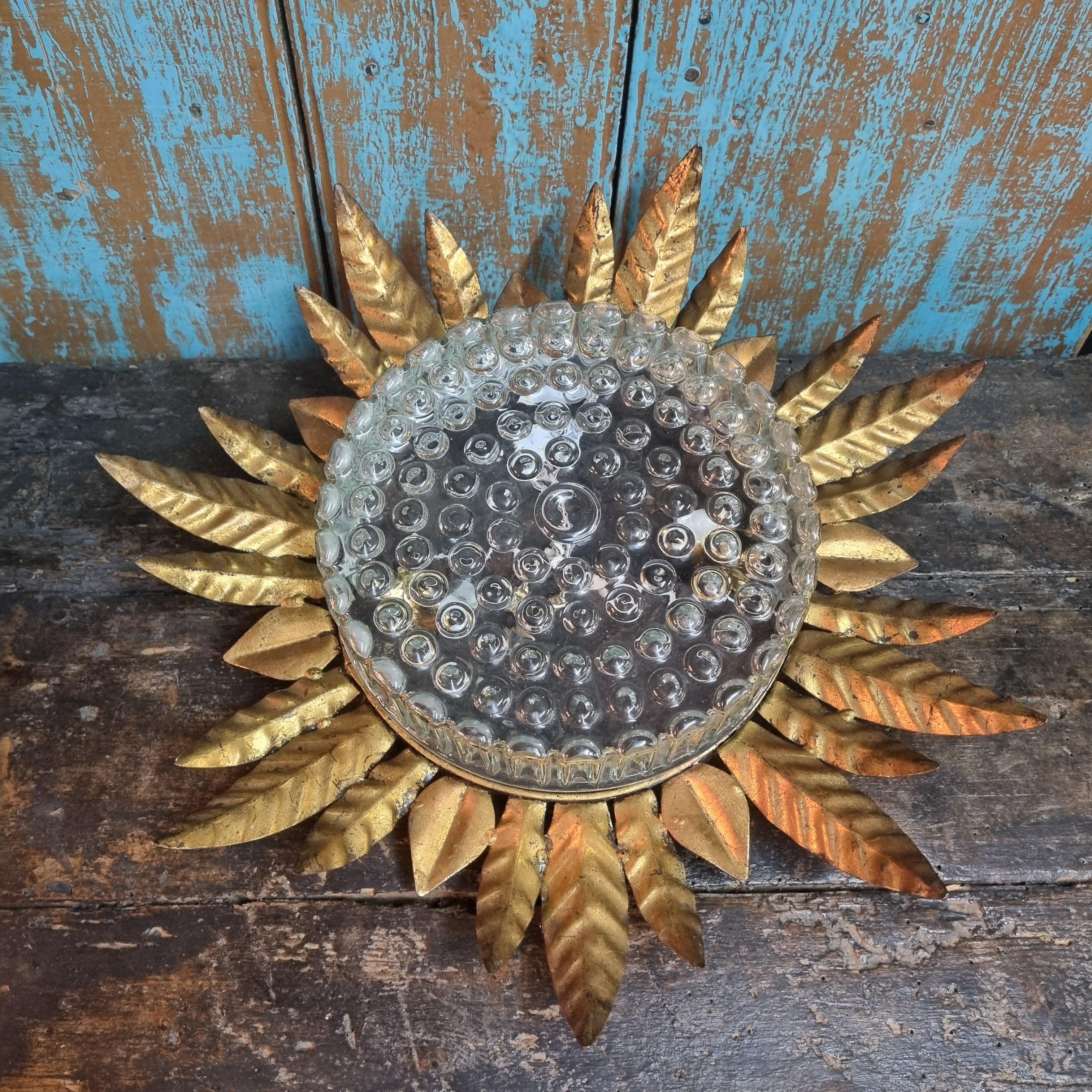 Large Sunburst Leafed Ceiling Light Fixture in Gilt Iron and Pressed Glass For Sale 12
