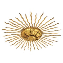 Large Sunburst Light Fixture / Flush Mount in Gilt Wrought Iron, 1950s