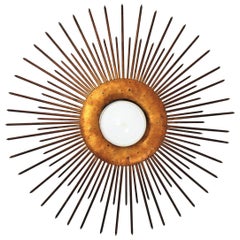Large Sunburst Light Fixture in Gold Leaf Gilt Iron, France, 1940s