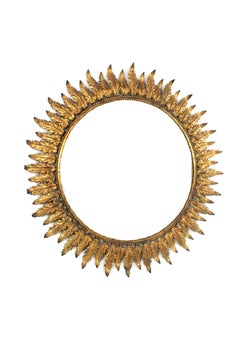 Large Sunburst Mirror in Gilt Metal with Foliage Frame, Spain 1950s