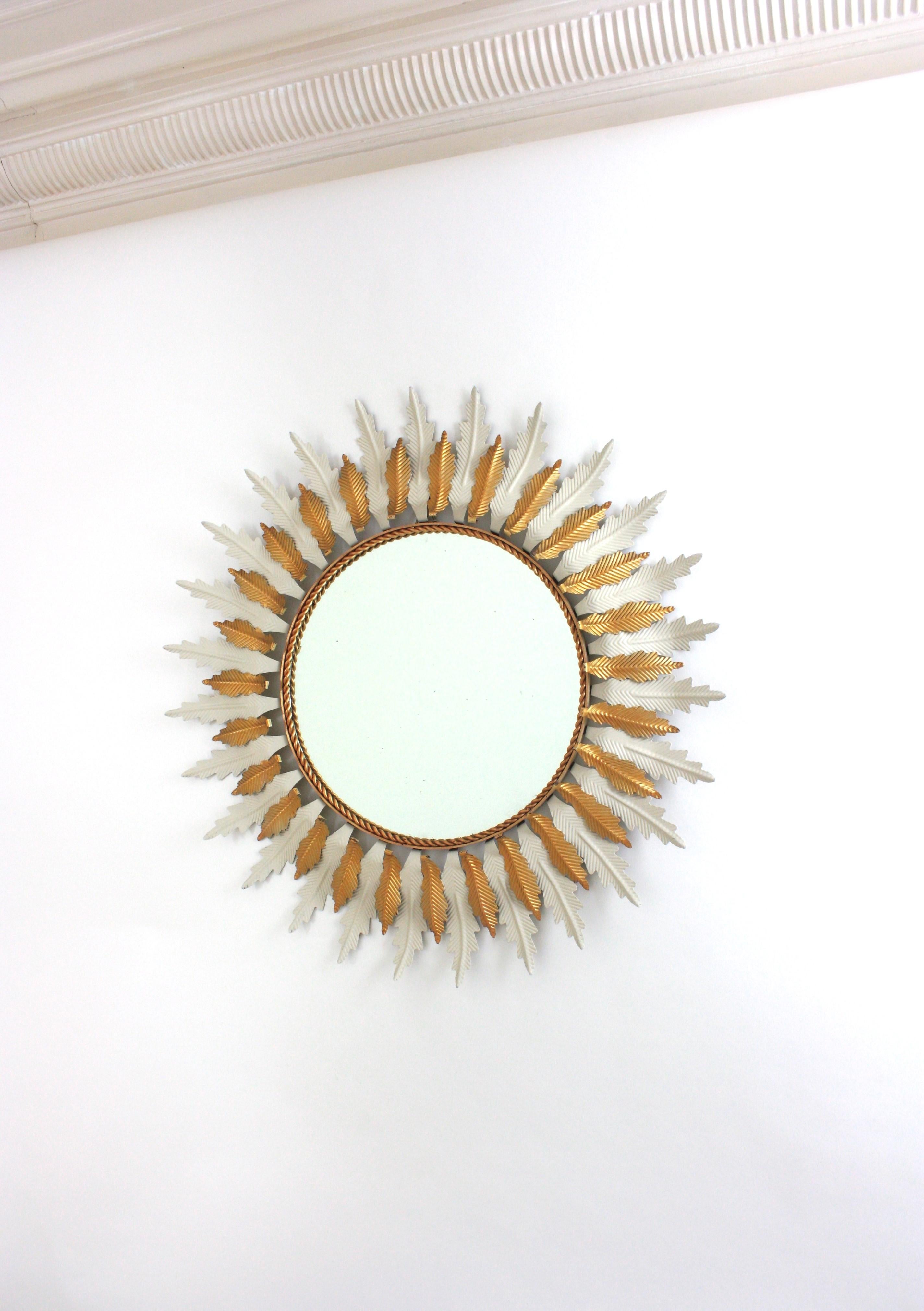 Large Sunburst Mirror with White Gilt Iron Double Layered Frame For Sale 2