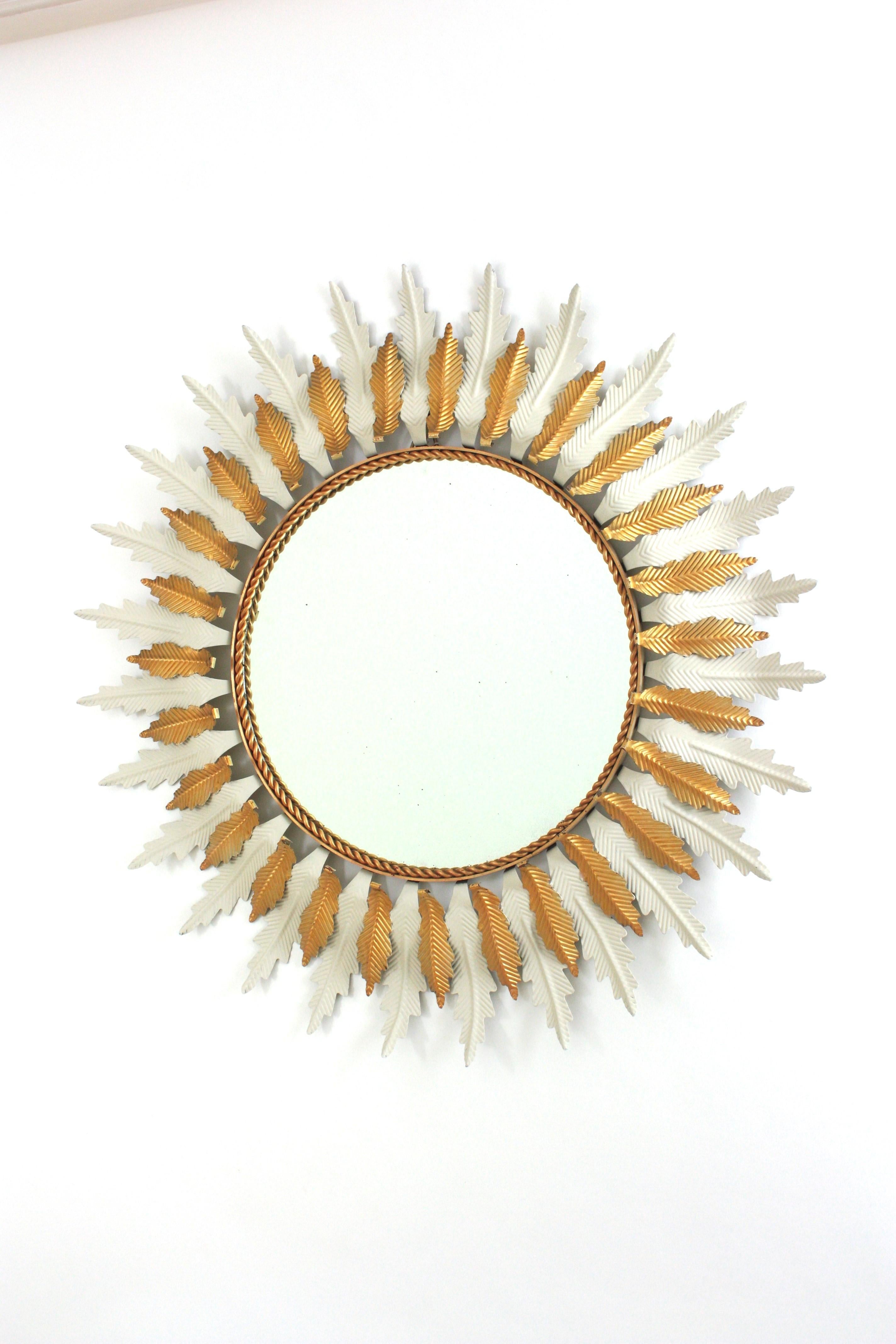 Large Sunburst Mirror with White Gilt Iron Double Layered Frame For Sale 3