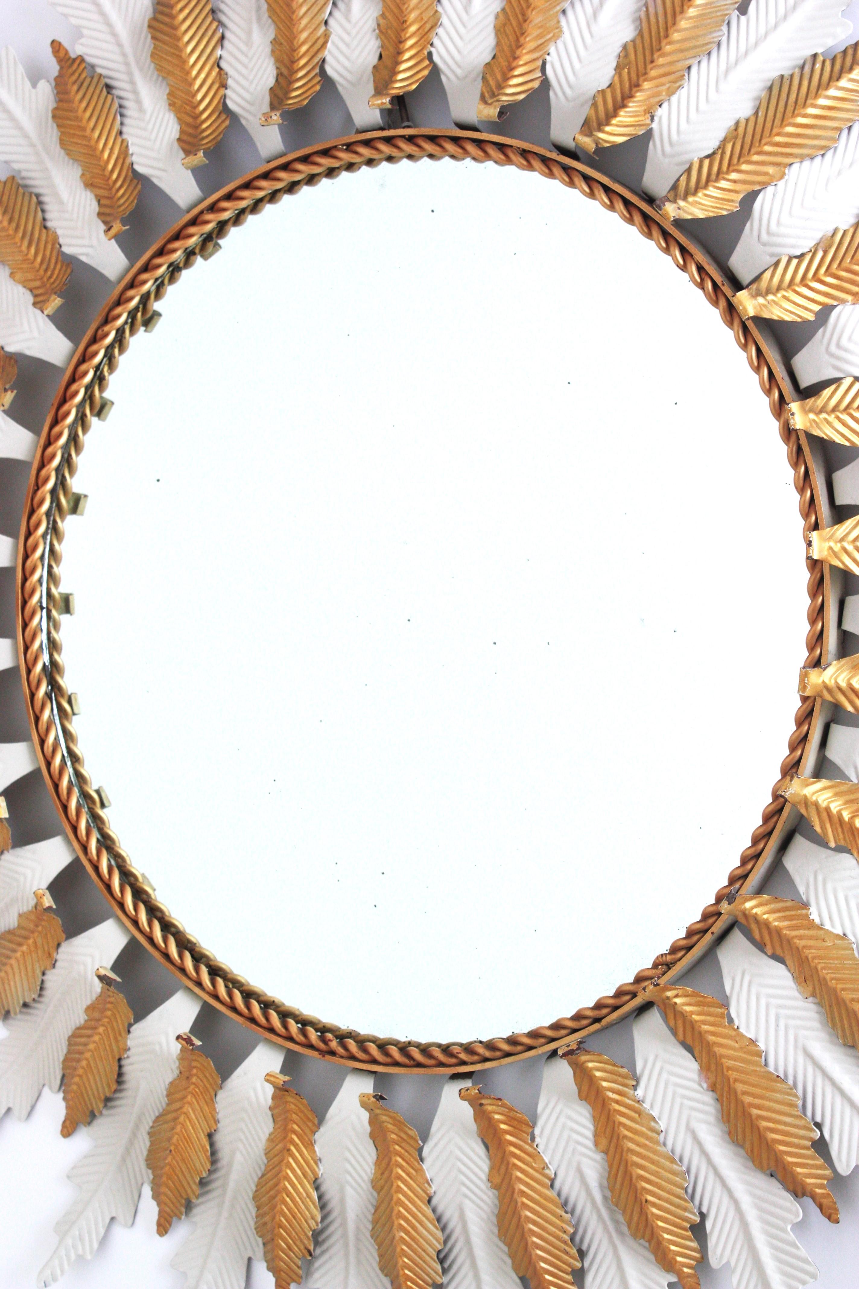 Large Sunburst Mirror with White Gilt Iron Double Layered Frame For Sale 4