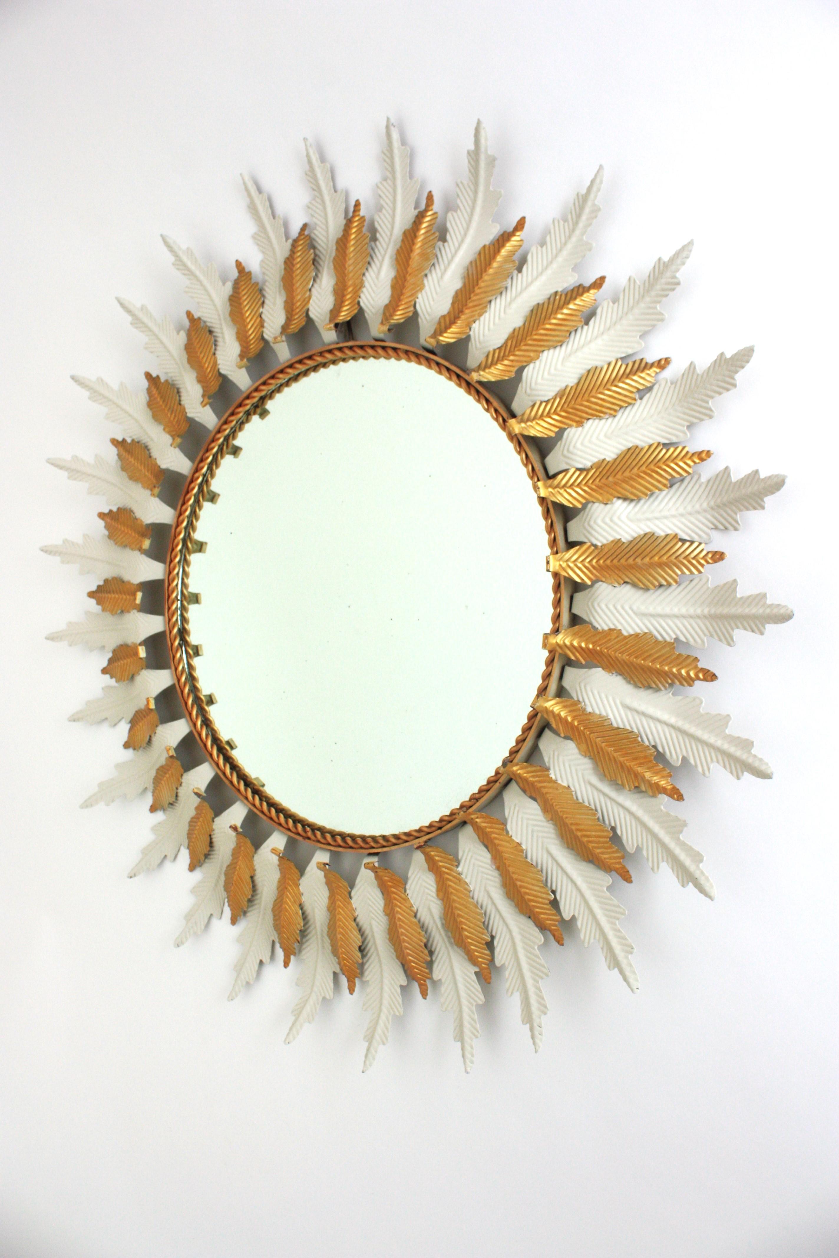 Large Sunburst Mirror with White Gilt Iron Double Layered Frame For Sale 5