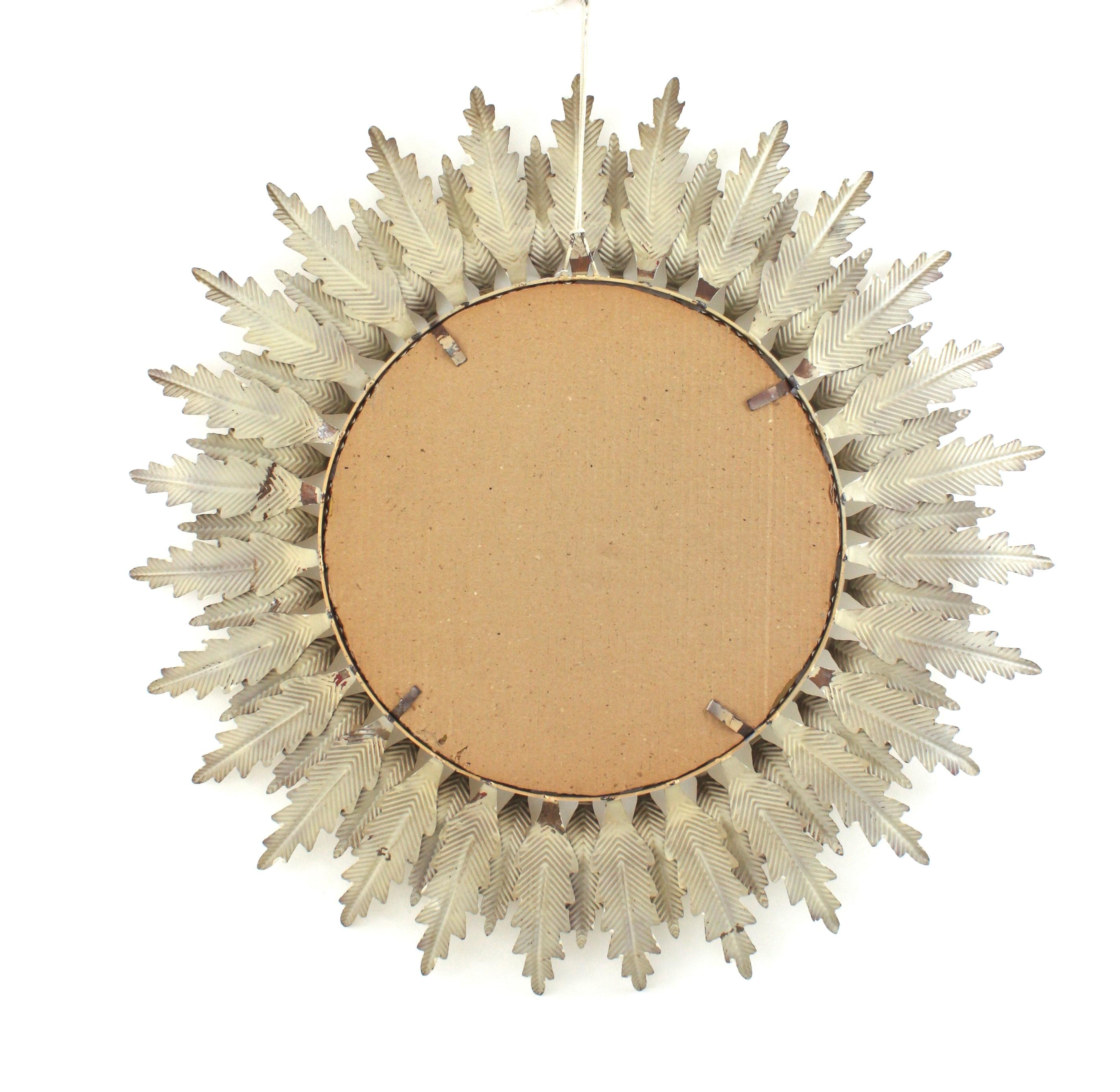 Large Sunburst Mirror with White Gilt Iron Double Layered Frame For Sale 6