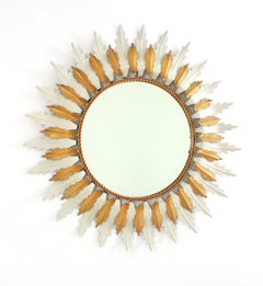 Large Sunburst Mirror with White Gilt Iron Double Layered Frame