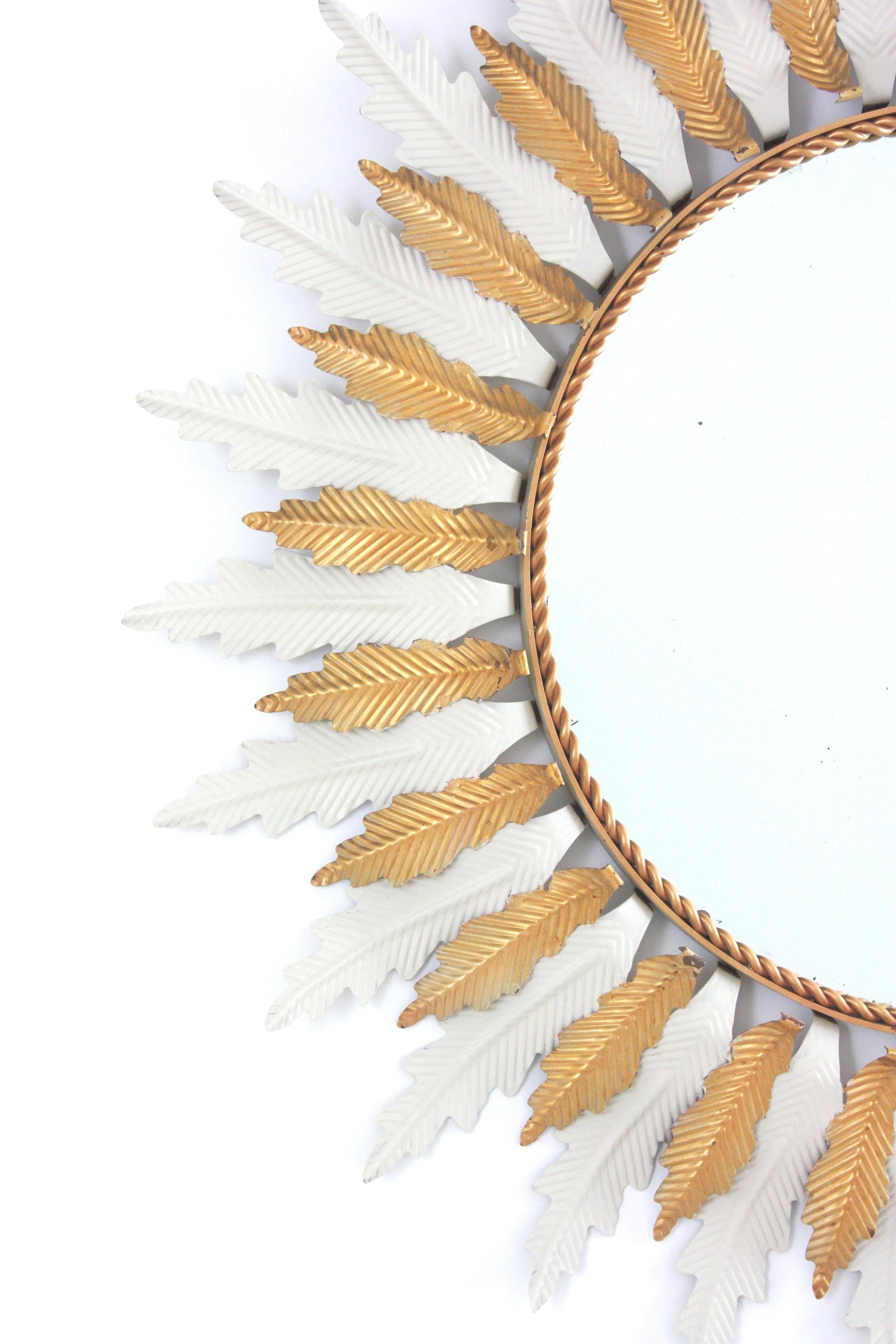Mid-Century Modern Large Sunburst Mirror with White Gilt Iron Double Layered Frame For Sale