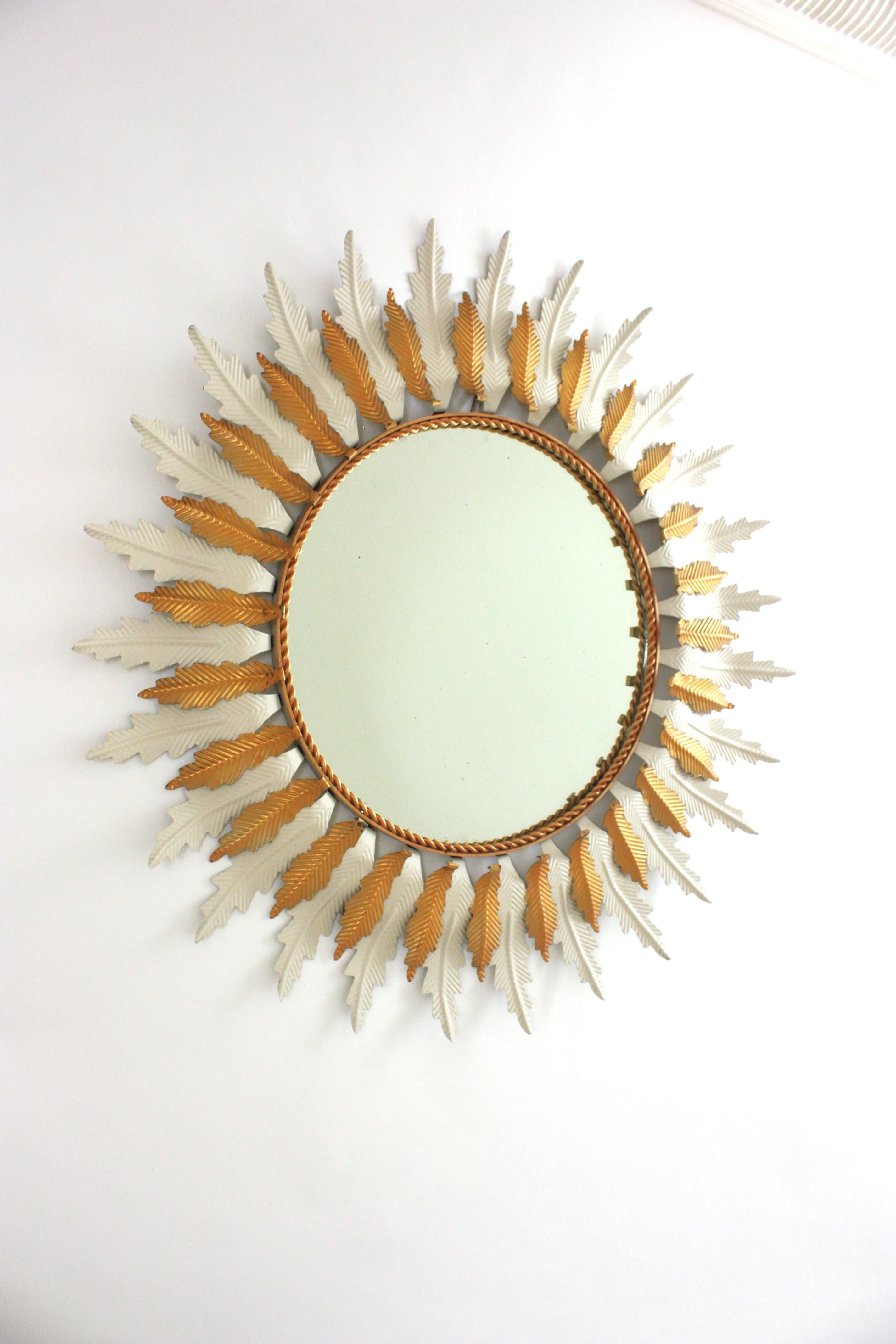 Spanish Large Sunburst Mirror with White Gilt Iron Double Layered Frame For Sale