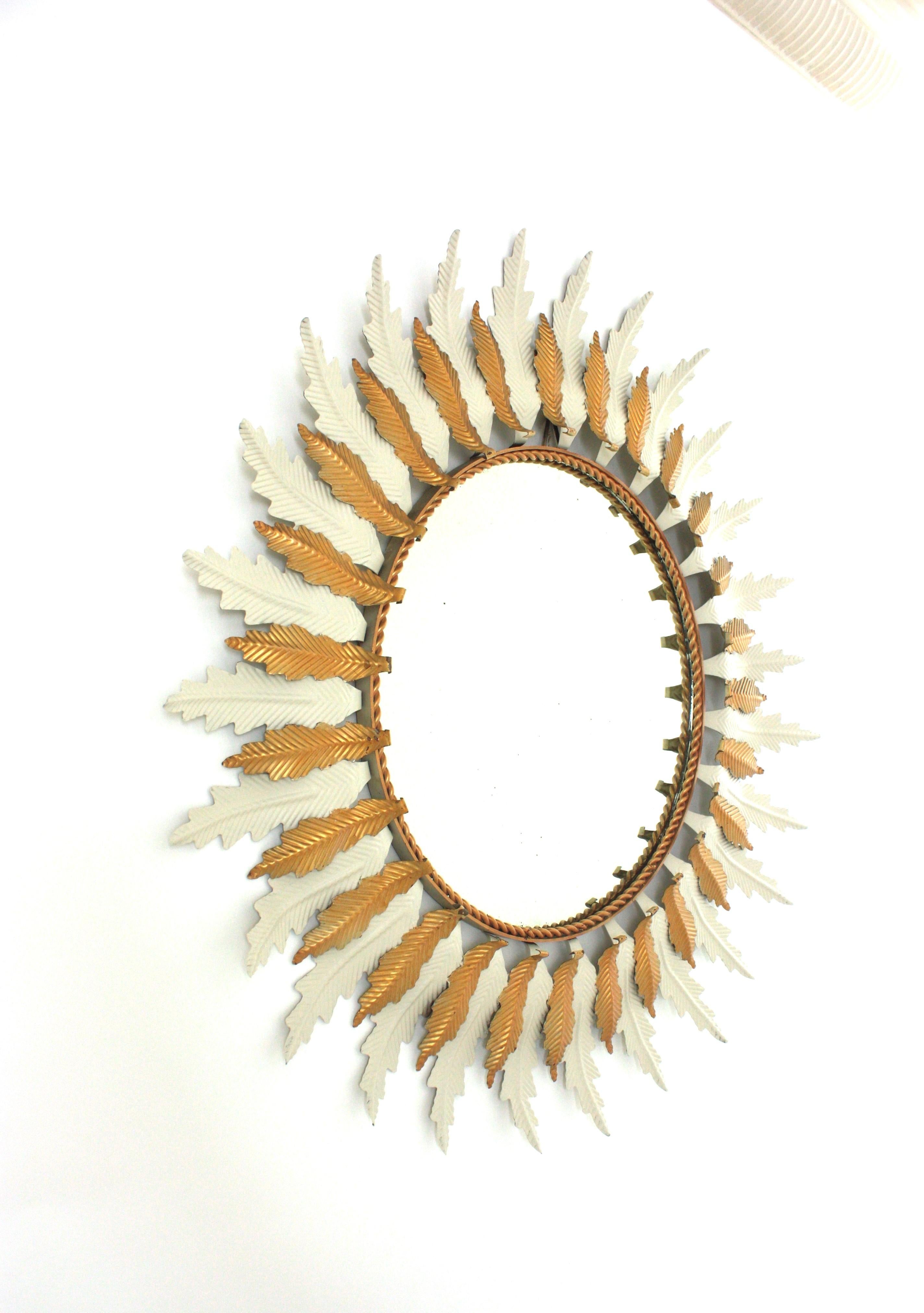 Hand-Crafted Large Sunburst Mirror with White Gilt Iron Double Layered Frame For Sale